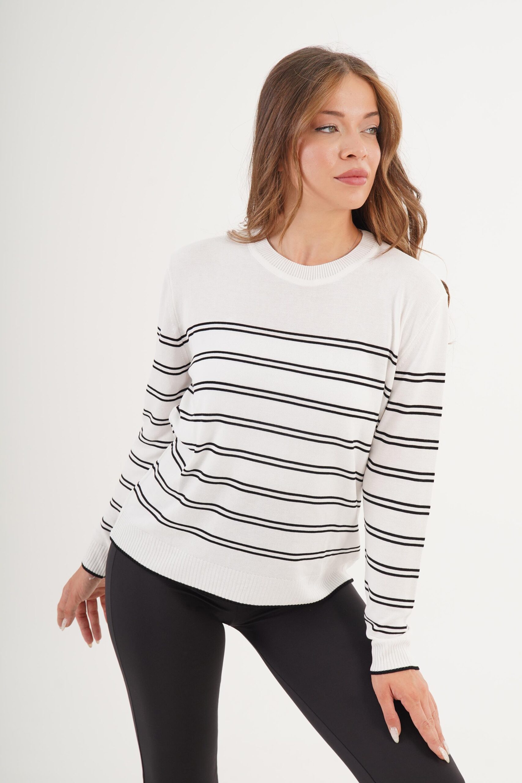Striped Crew Neck Casual Sweater - Brand: Lustrin - Women & Kids, Baby Clothes Wholesale - TheBS Women Striped Crew Neck Casual Sweater - Brand: Lustrin - Women & Kids, Baby Clothes Wholesale - TheBS Women