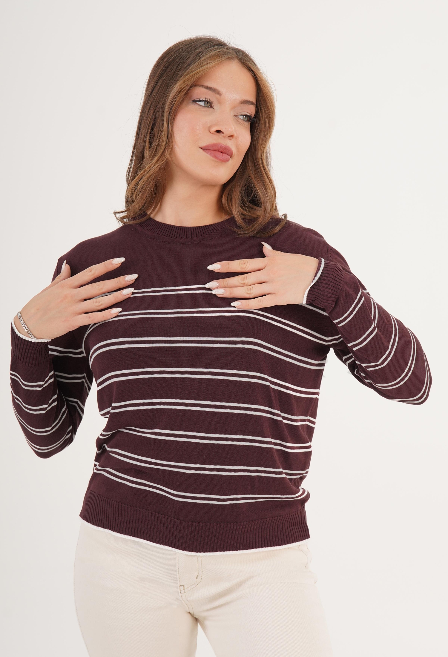 Claret Red Striped Casual Sweater - Brand: Lustrin - Women & Kids, Baby Clothes Wholesale - TheBS Women