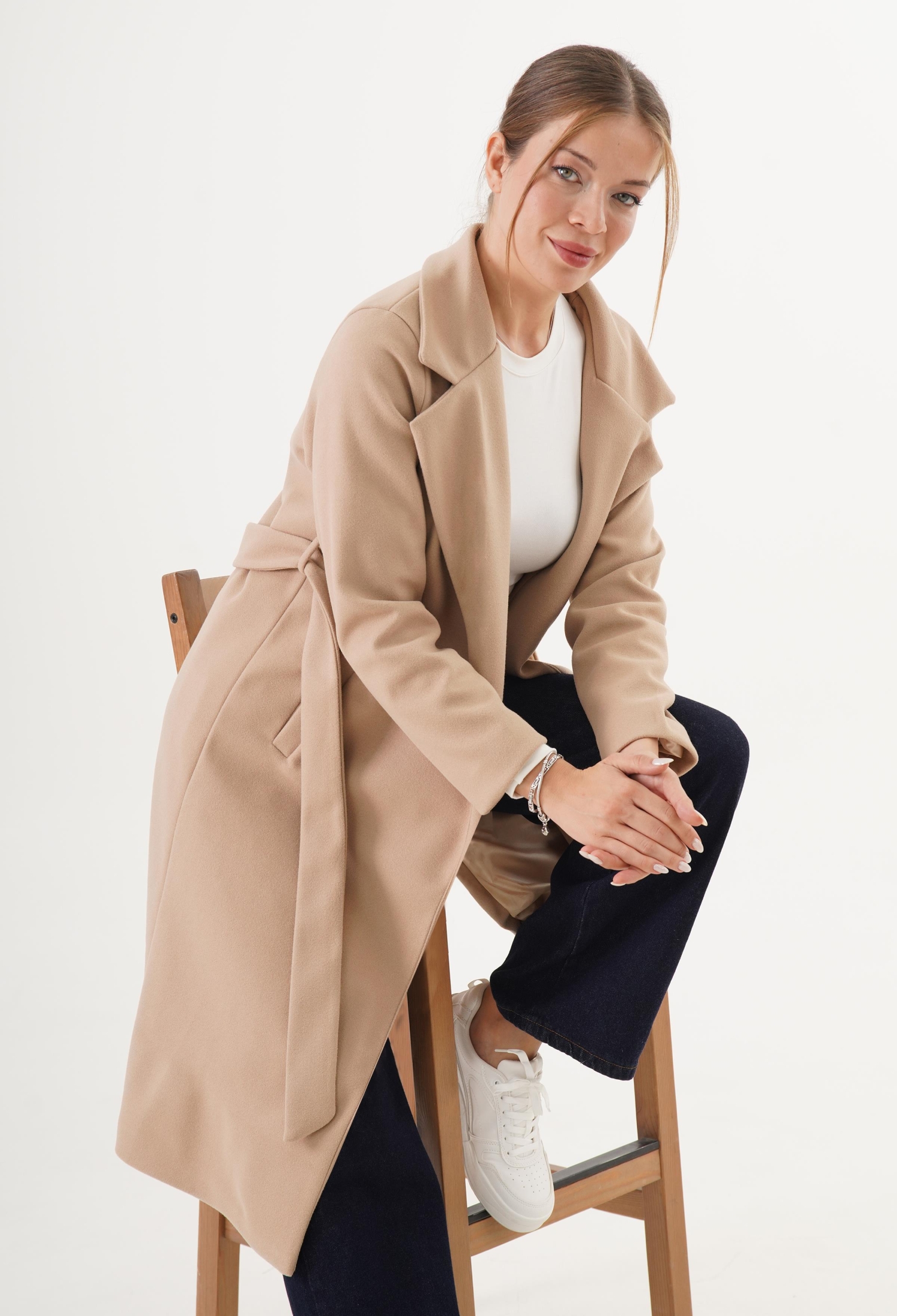 Beige Wrapover Coat With Notched Collar - Brand: Lustrin - Women & Kids, Baby Clothes Wholesale - TheBS Women