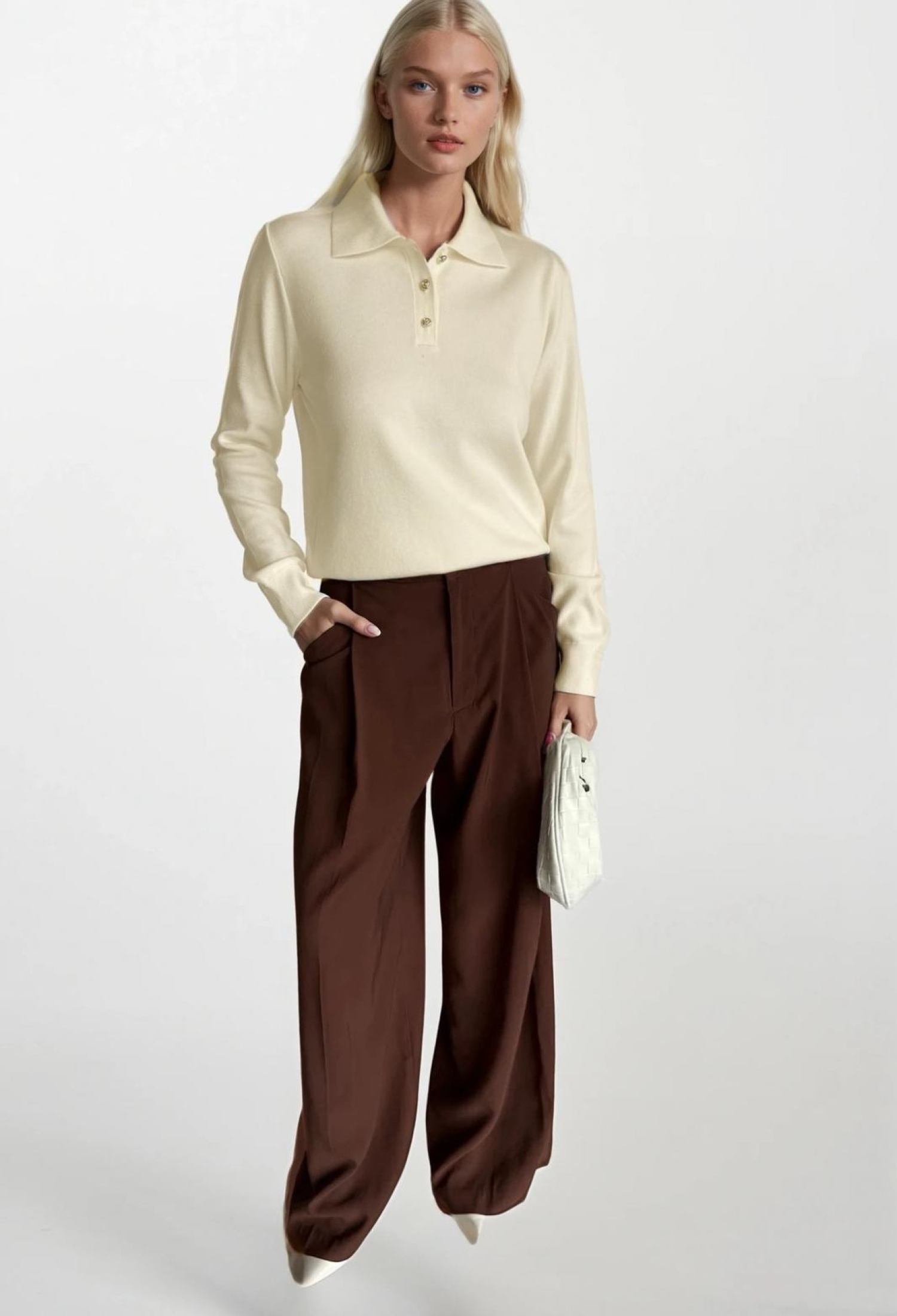 Beige Blouse With Polo Neck And Long Sleeves - Brand: Black Fashion - Women & Kids, Baby Clothes Wholesale - TheBS Women