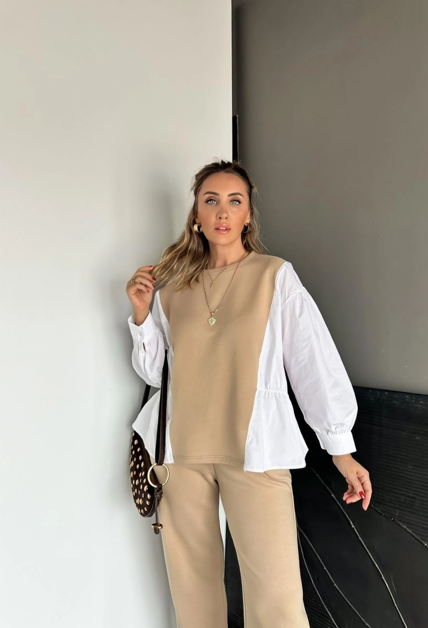 Beige Tracksuit With Tapered Pants And Round Neck - Brand: Cream Rouge - Women & Kids, Baby Clothes Wholesale - TheBS Women