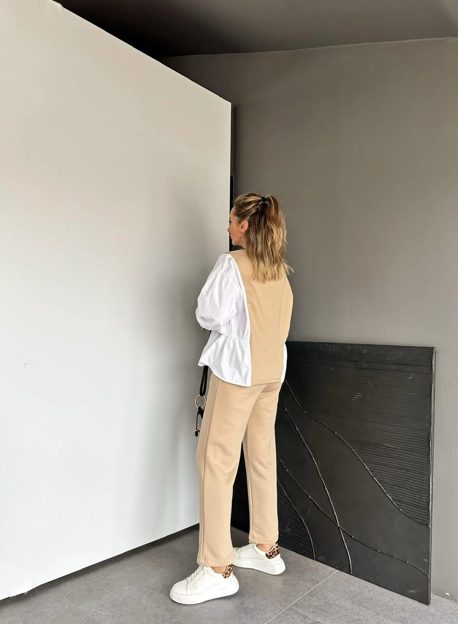 Beige Tracksuit With Tapered Pants And Round Neck - Brand: Cream Rouge - Women & Kids, Baby Clothes Wholesale - TheBS Women Beige Tracksuit With Tapered Pants And Round Neck - Brand: Cream Rouge - Women & Kids, Baby Clothes Wholesale - TheBS Women