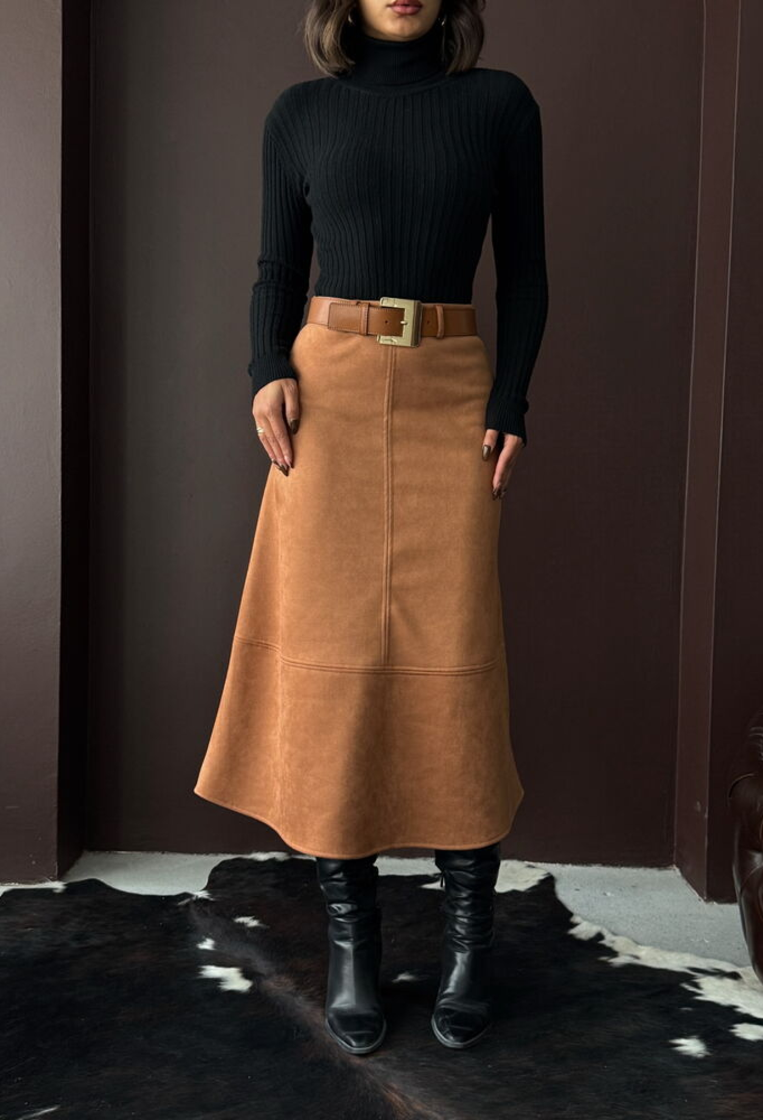 Brown Flared Midi Skirt High Waist Pull On - Brand: Topshow - Women & Kids, Baby Clothes Wholesale - TheBS Women