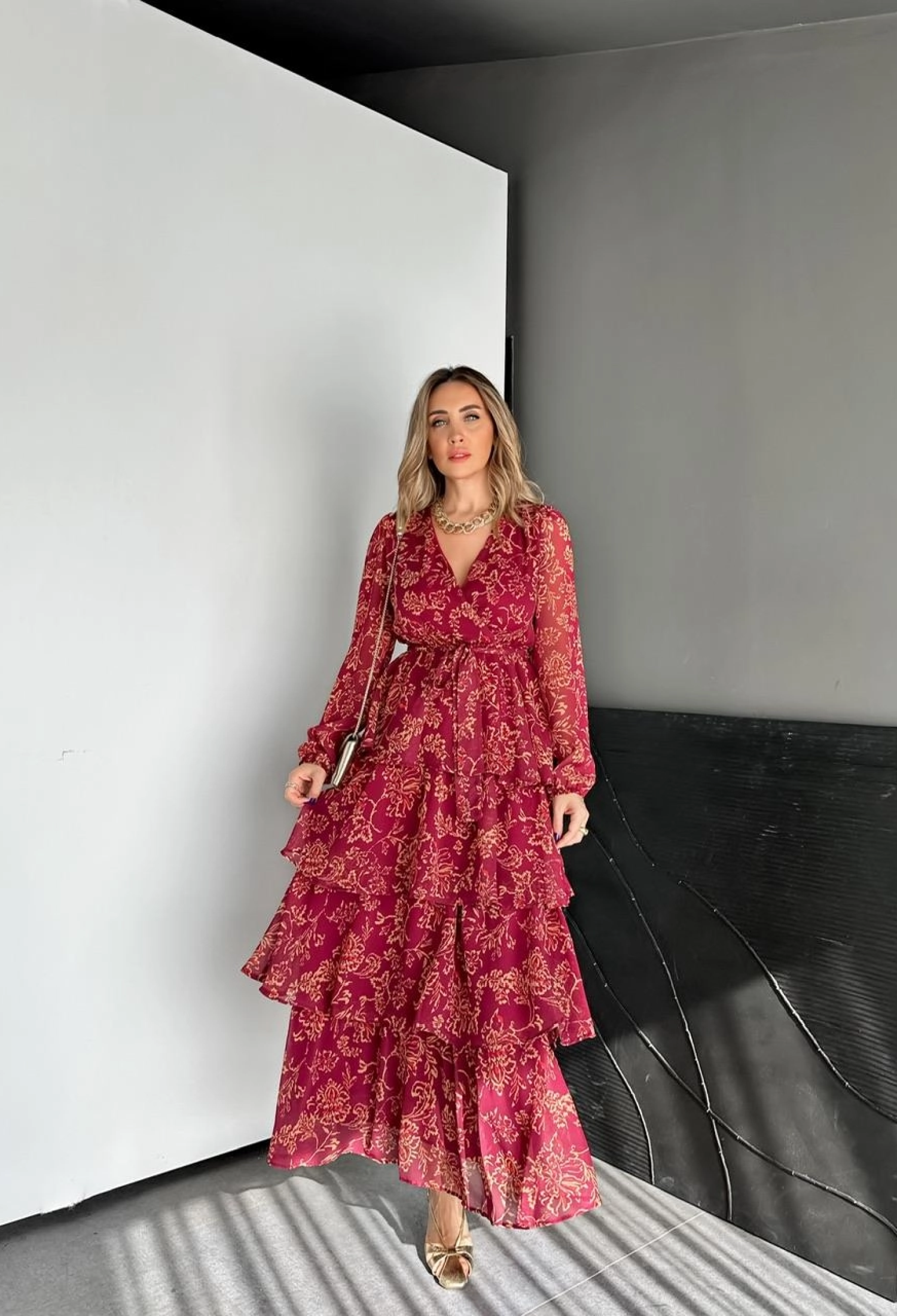 Claret Red Wrap Maxi Dress With Floral Pattern - Brand: Cream Rouge - Women & Kids, Baby Clothes Wholesale - TheBS Women