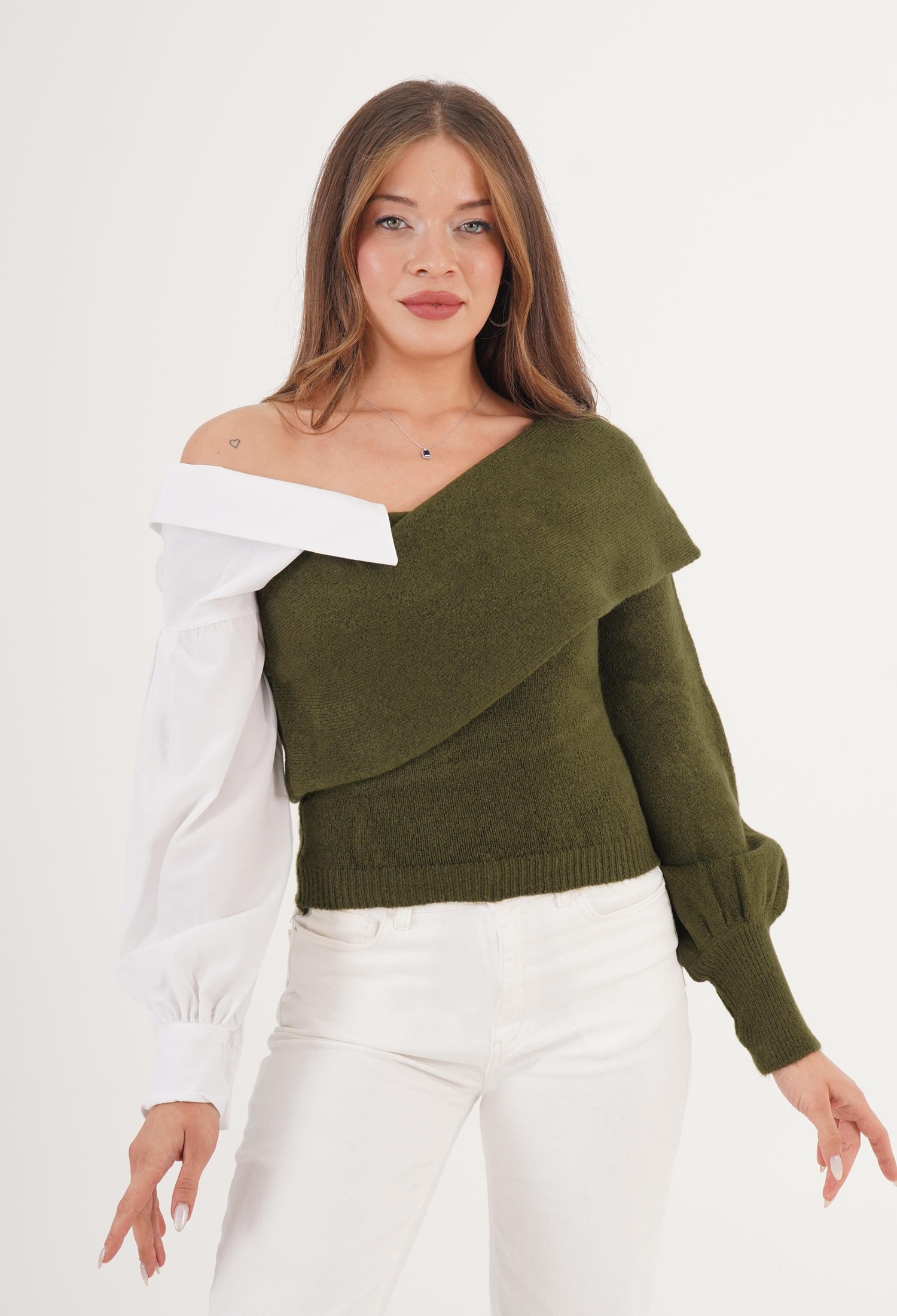 Green Casual Elegant Sweater With Puff Sleeves - Brand: Lustrin - Women & Kids, Baby Clothes Wholesale - TheBS Women
