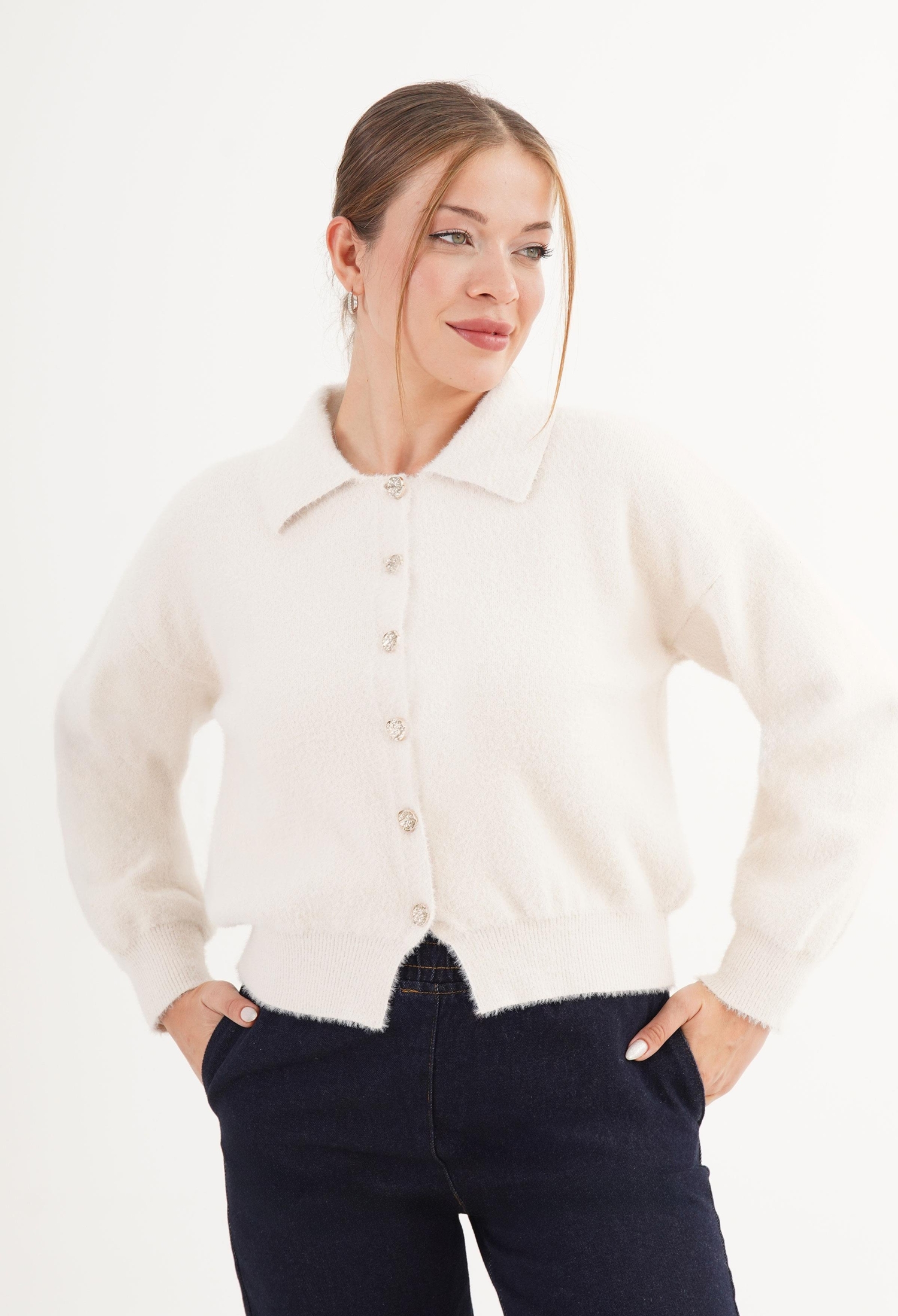 White Casual Elegant Preppy Cardigan - Brand: Lustrin - Women & Kids, Baby Clothes Wholesale - TheBS Women