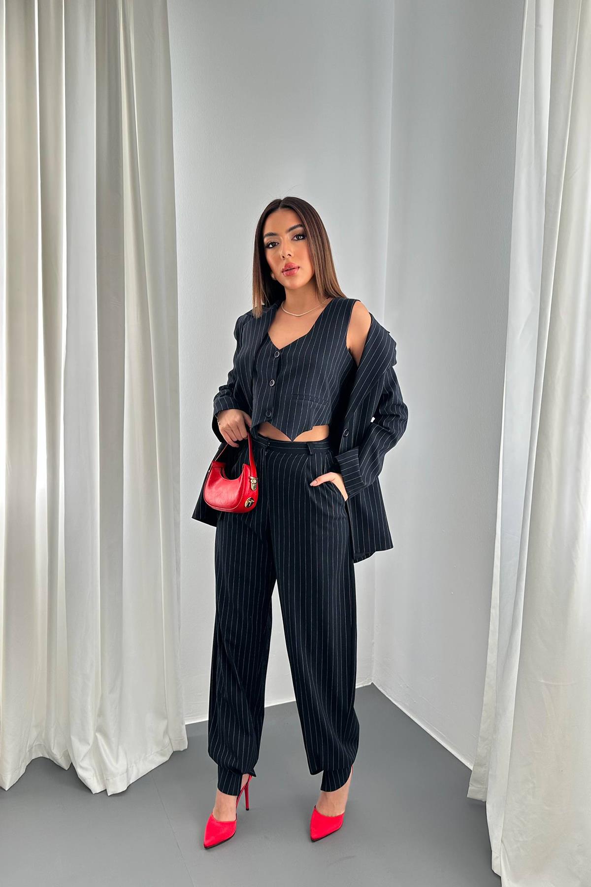 Black Striped Elegant Set For Work & Party - Brand: Elisa - Women & Kids, Baby Clothes Wholesale - TheBS Women Black Striped Elegant Set For Work & Party - Brand: Elisa - Women & Kids, Baby Clothes Wholesale - TheBS Women