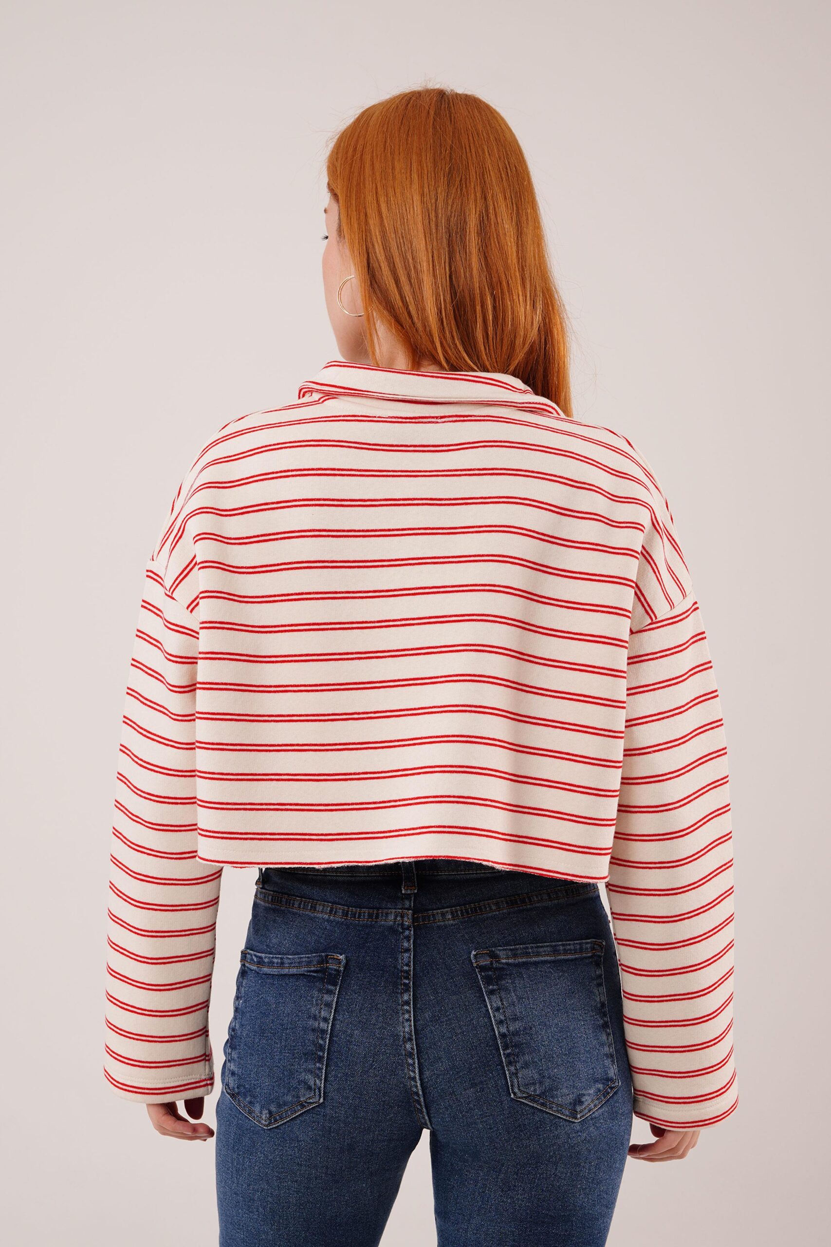White Striped Crop Sweatshirt With Notched Neck - Brand: Lustrin - Women & Kids, Baby Clothes Wholesale - TheBS Women White Striped Crop Sweatshirt With Notched Neck - Brand: Lustrin - Women & Kids, Baby Clothes Wholesale - TheBS Women