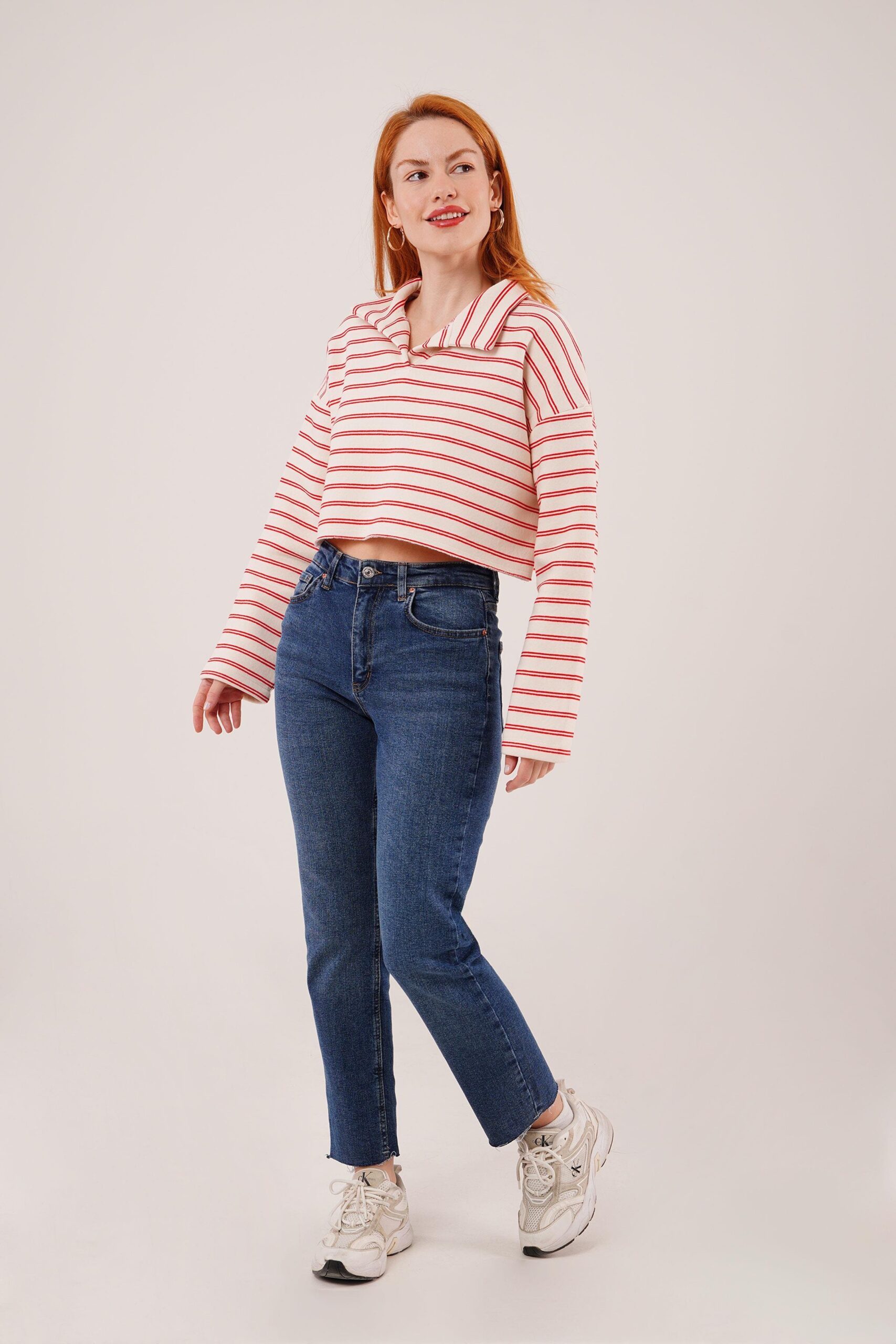 White Striped Crop Sweatshirt With Notched Neck - Brand: Lustrin - Women & Kids, Baby Clothes Wholesale - TheBS Women White Striped Crop Sweatshirt With Notched Neck - Brand: Lustrin - Women & Kids, Baby Clothes Wholesale - TheBS Women