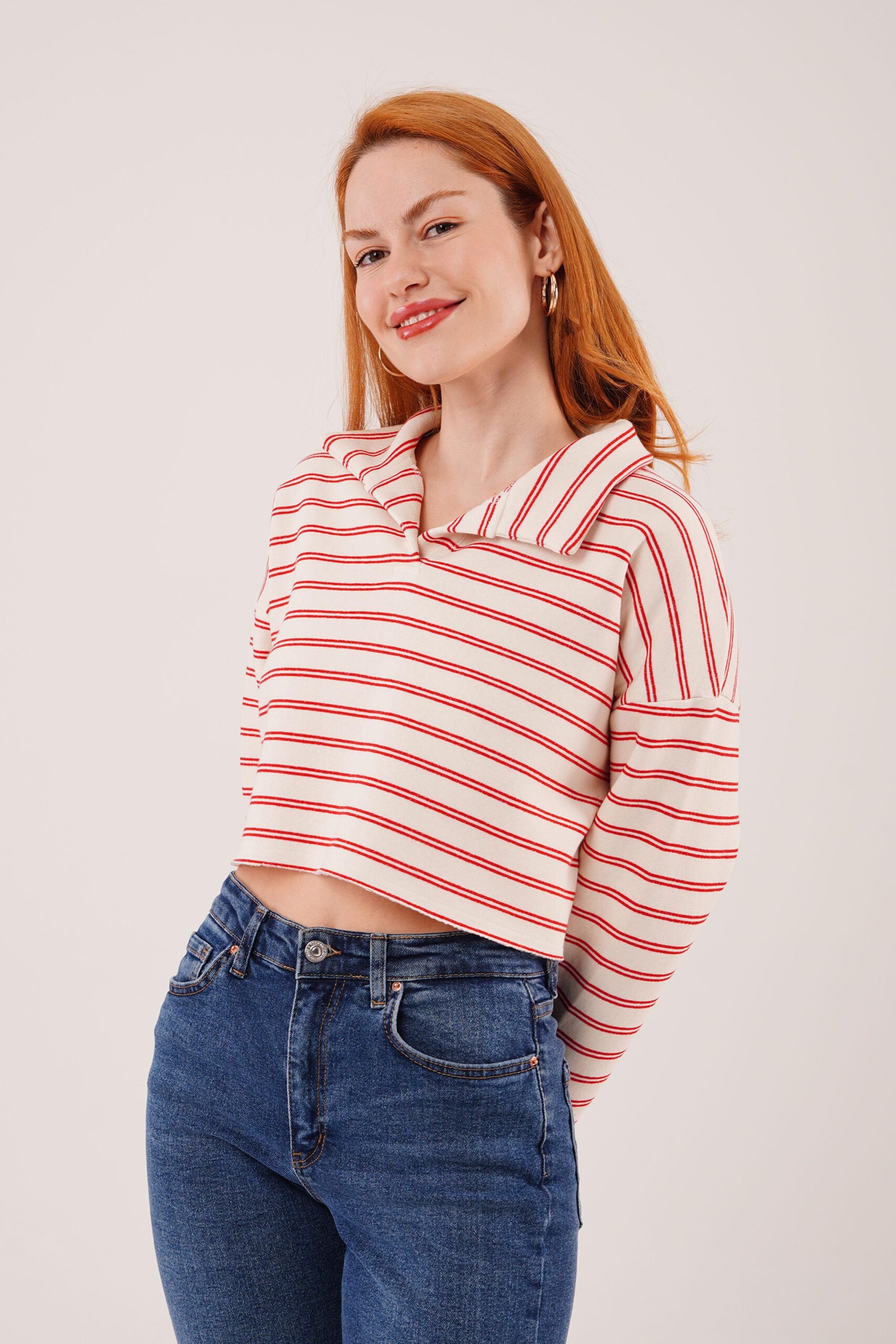White Striped Crop Sweatshirt With Notched Neck - Brand: Lustrin - Women & Kids, Baby Clothes Wholesale - TheBS Women White Striped Crop Sweatshirt With Notched Neck - Brand: Lustrin - Women & Kids, Baby Clothes Wholesale - TheBS Women