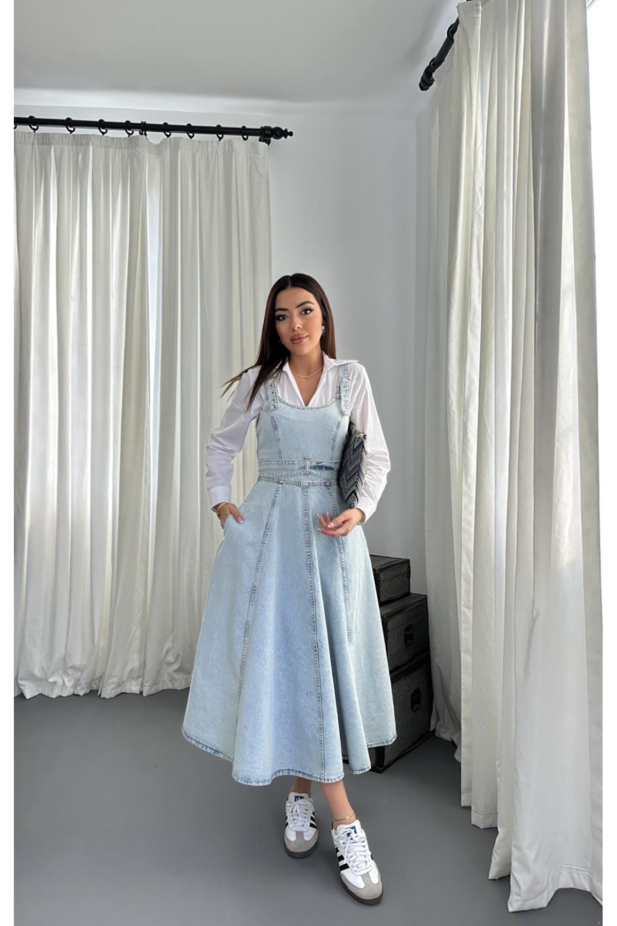 Midi Length Strap Denim Dress - Brand: Elisa - Women & Kids, Baby Clothes Wholesale - TheBS Women