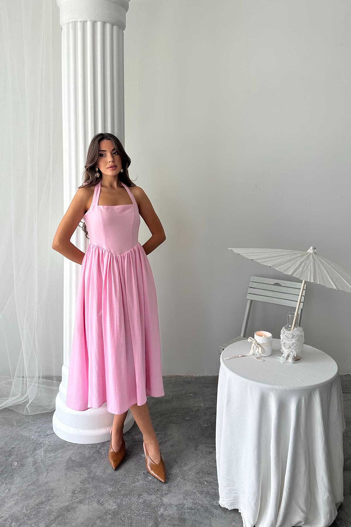 WholesaleNeck Tie Up Linen Dress - Brand: Elisa - Women & Kids, Baby Clothes Wholesale - TheBS Women