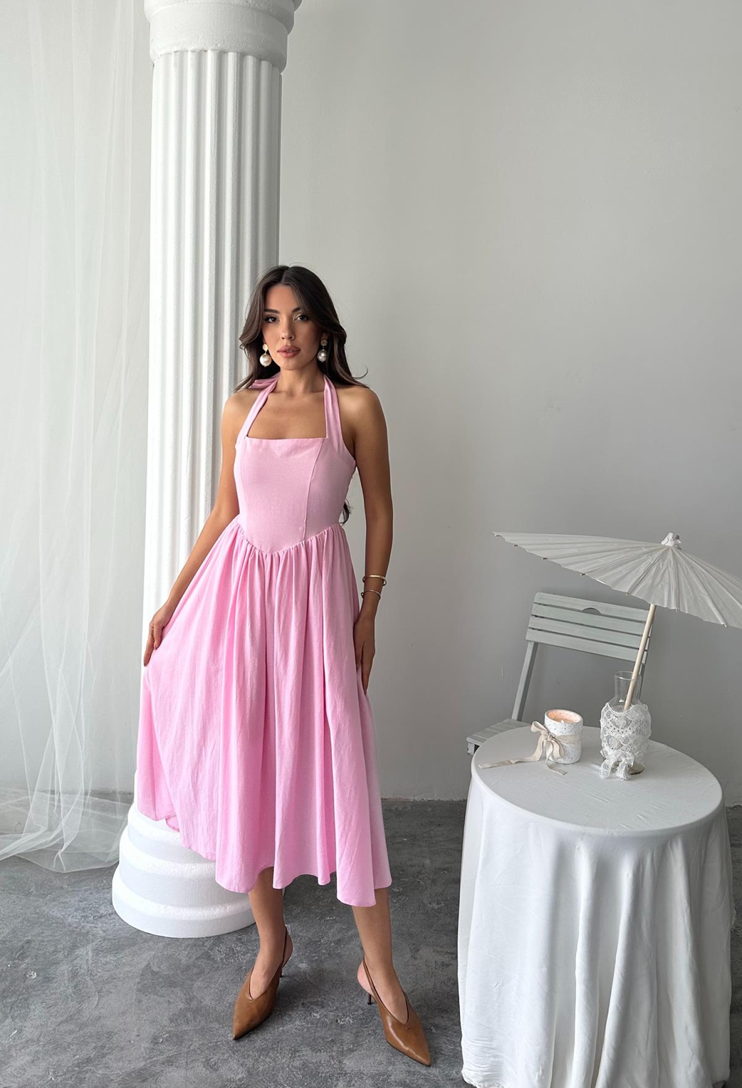 WholesaleNeck Tie Up Linen Dress - Brand: Elisa - Women & Kids, Baby Clothes Wholesale - TheBS Women