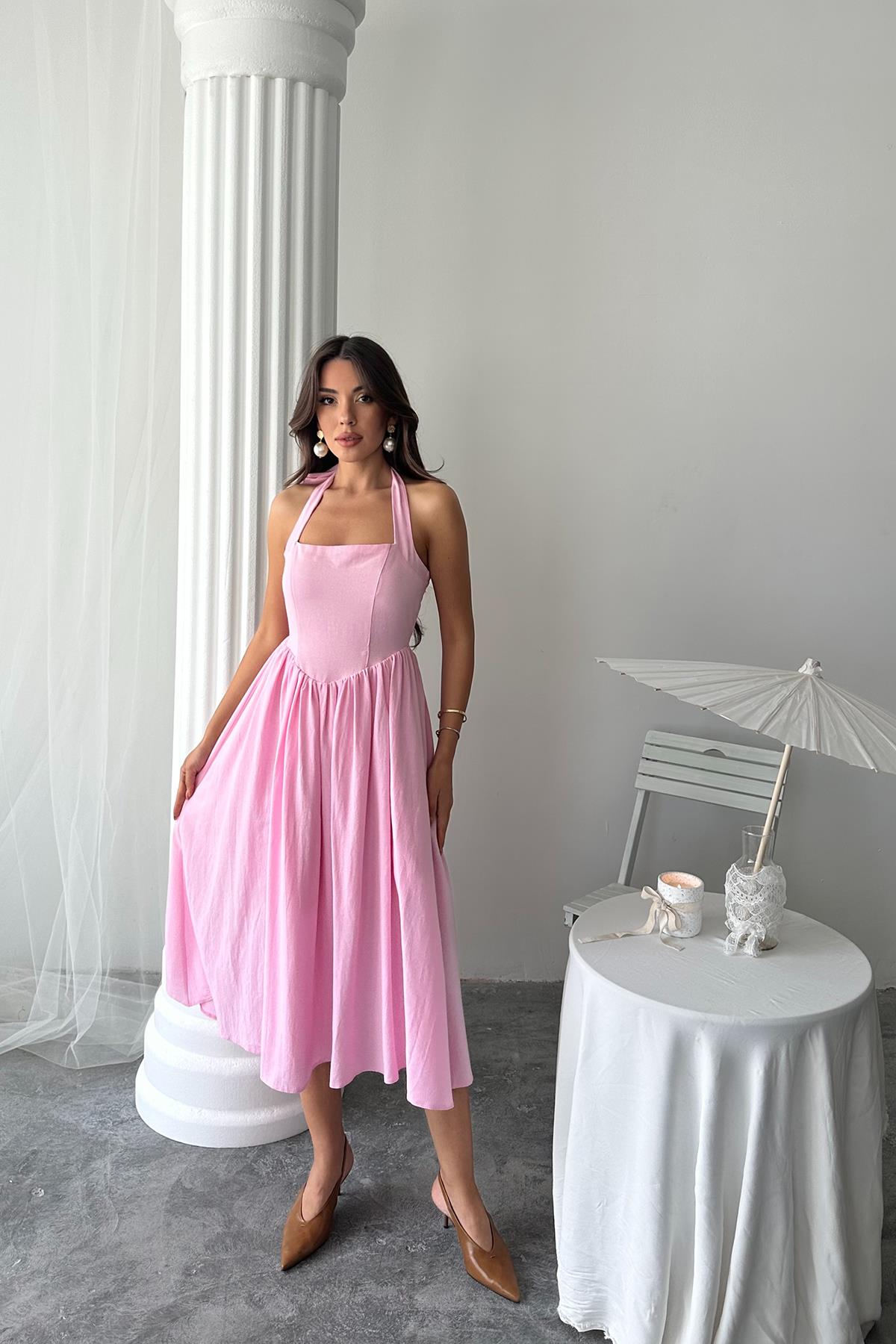 WholesaleNeck Tie Up Linen Dress - Brand: Elisa - Women & Kids, Baby Clothes Wholesale - TheBS Women