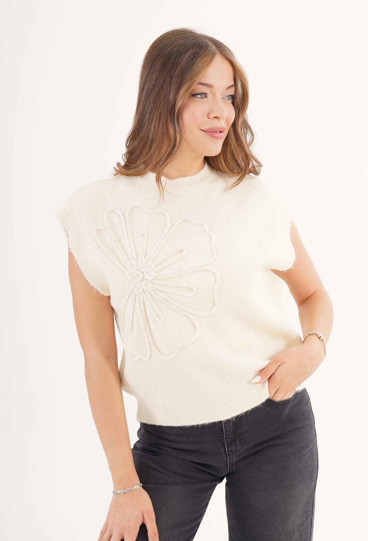 Ecru Casual Floral Pull On Vest Regular Fit - Brand: Lustrin - Women & Kids, Baby Clothes Wholesale - TheBS Women