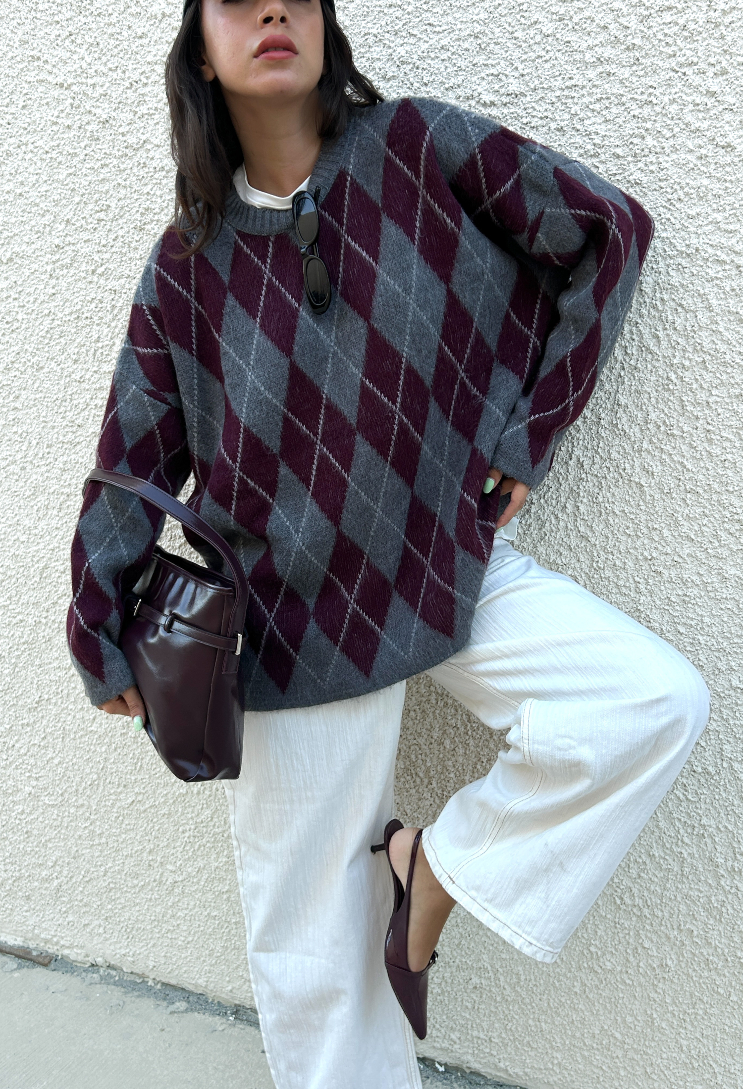 Grey Argyle Oversized Fit Sweater - Brand: First Angels - Women & Kids, Baby Clothes Wholesale - TheBS Women