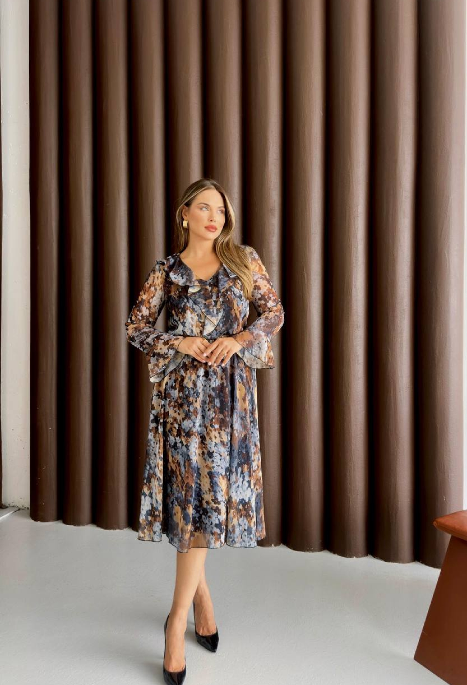 Brown Elegant A-Line Midi Dress With Long Sleeves - Brand: STEPS - Women & Kids, Baby Clothes Wholesale - TheBS Women