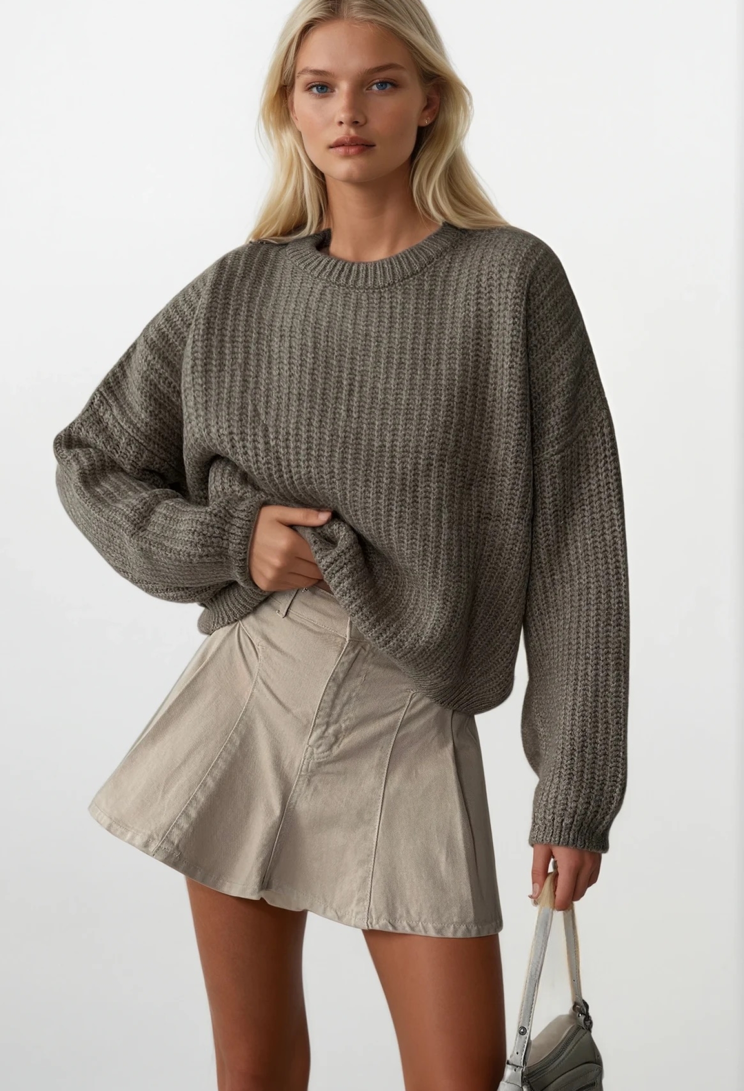 Grey Casual Oversized Sweater With Round Neck - Brand: Black Fashion - Women & Kids, Baby Clothes Wholesale - TheBS Women