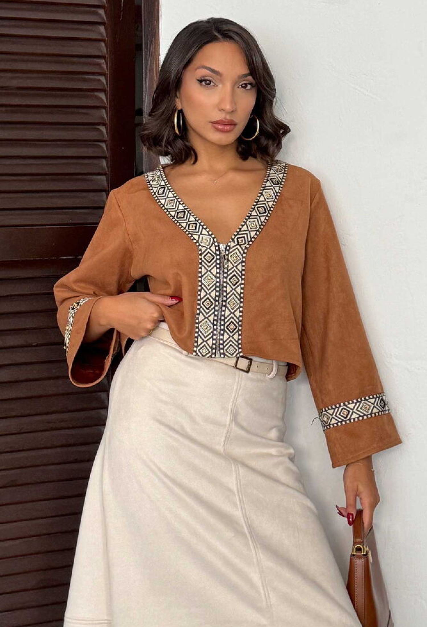 Brown Ethnic V-Neck Blouse With Geometric Pattern - Brand: Topshow - Women & Kids, Baby Clothes Wholesale - TheBS Women