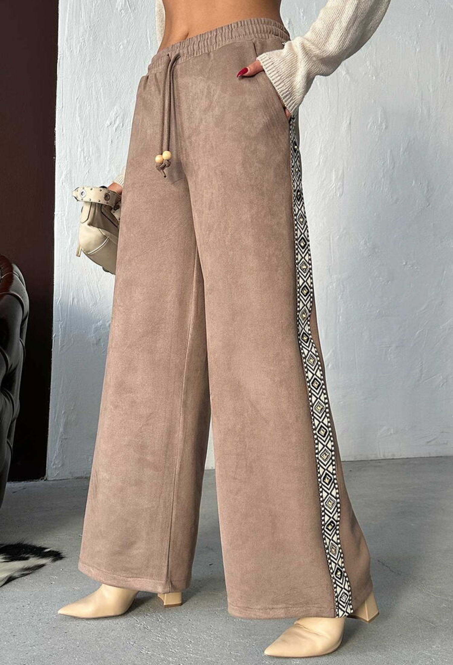 Beige Palazzo Pants With Geometric Pattern And Wide Leg - Brand: Topshow - Women & Kids, Baby Clothes Wholesale - TheBS Women