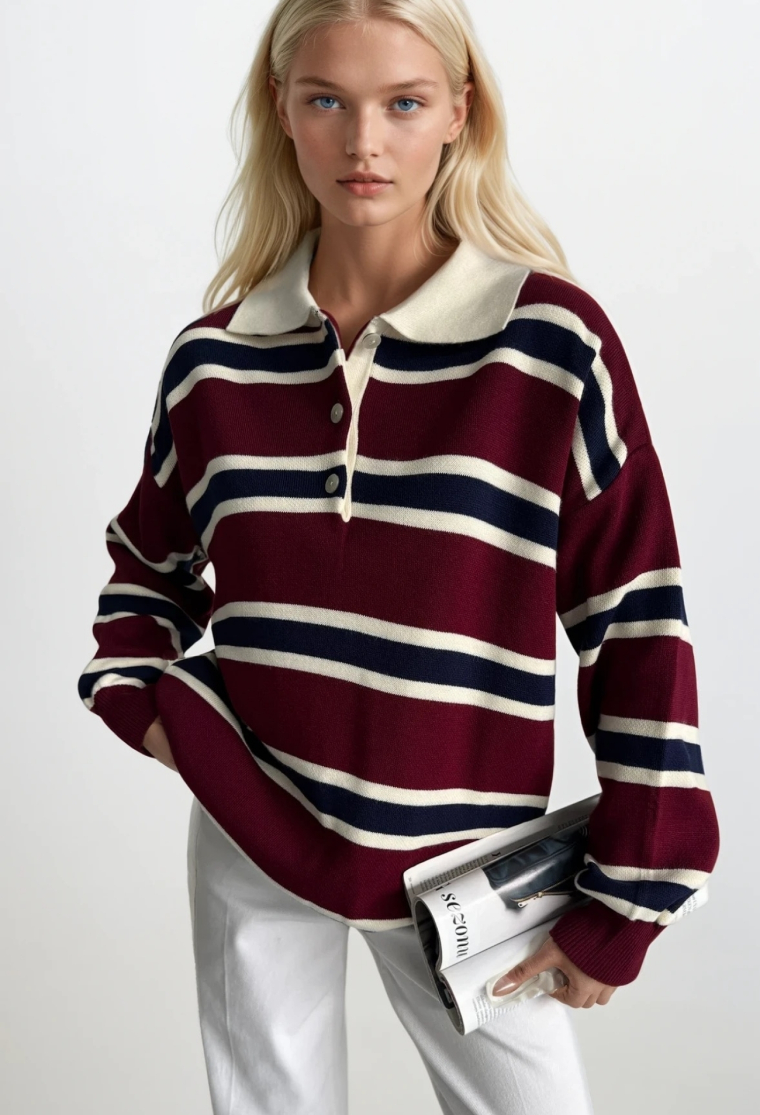 Sweater With Striped Polo Neck - Brand: Black Fashion - Women & Kids, Baby Clothes Wholesale - TheBS Women