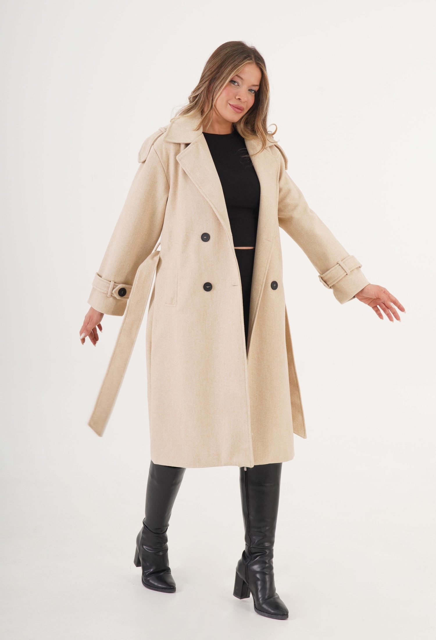 Beige Double-Breasted Elegant Coat - Brand: Lustrin - Women & Kids, Baby Clothes Wholesale - TheBS Women