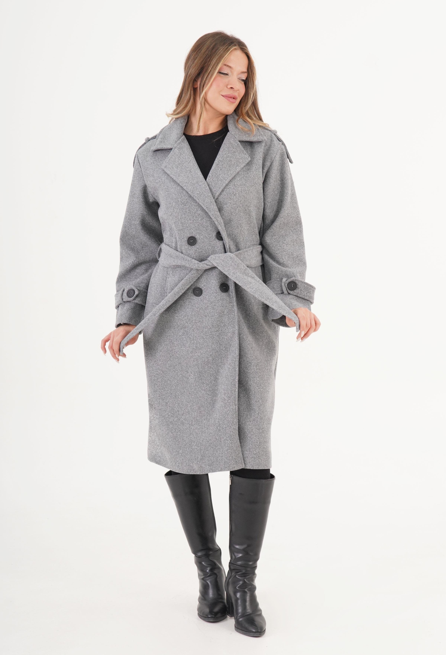 Grey Elegant Double-Breasted Wrapover Coat - Brand: Lustrin - Women & Kids, Baby Clothes Wholesale - TheBS Women