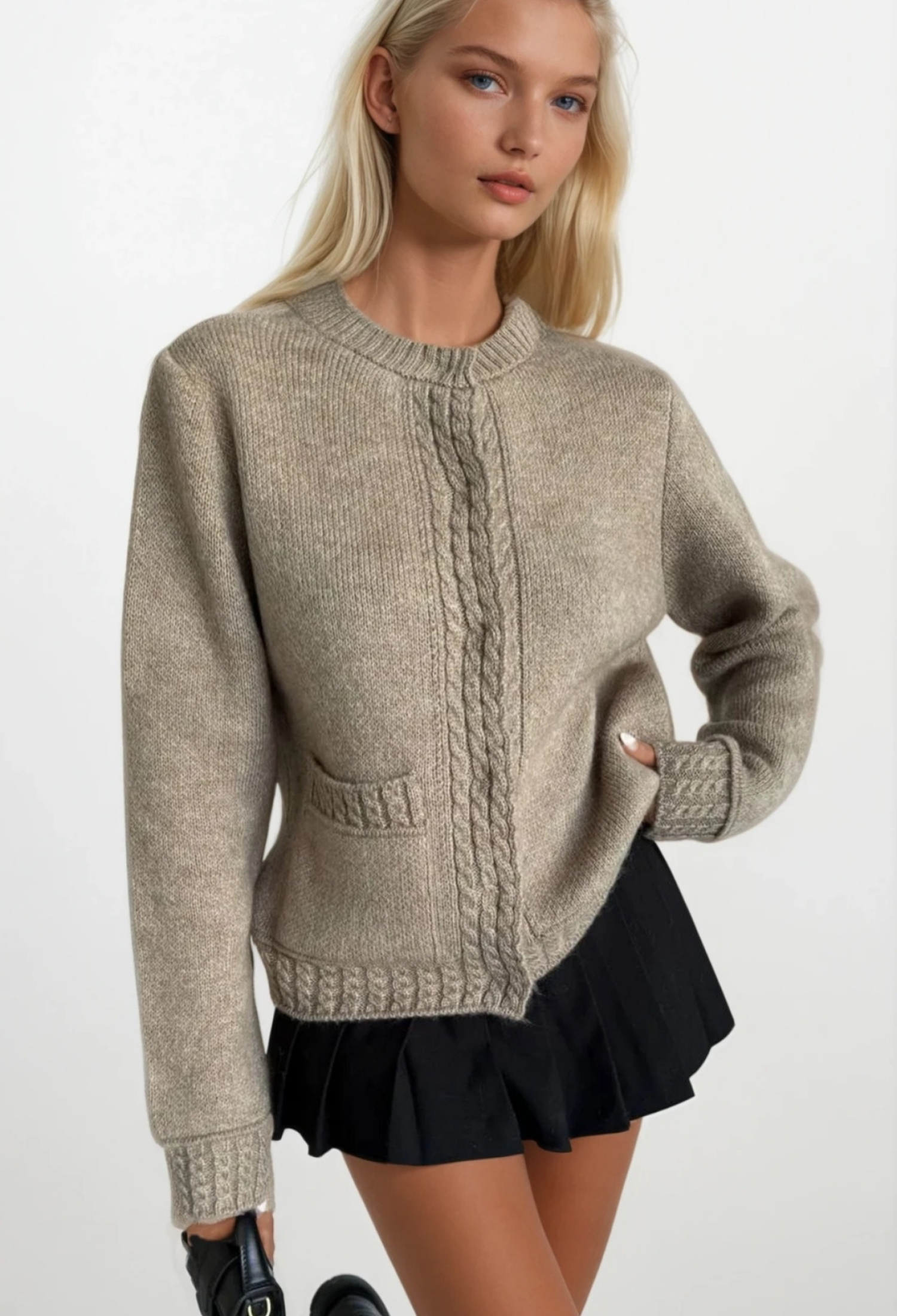 Beige Cardigan With Flap Pockets - Casual Preppy Style - Brand: Black Fashion - Women & Kids, Baby Clothes Wholesale - TheBS Women