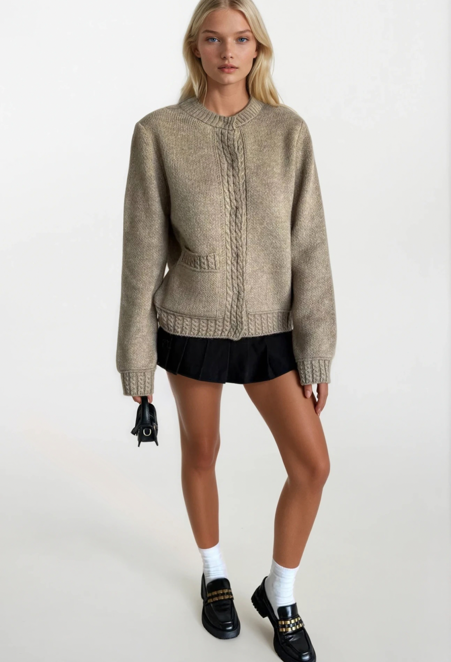 Beige Cardigan With Flap Pockets - Casual Preppy Style - Brand: Black Fashion - Women & Kids, Baby Clothes Wholesale - TheBS Women