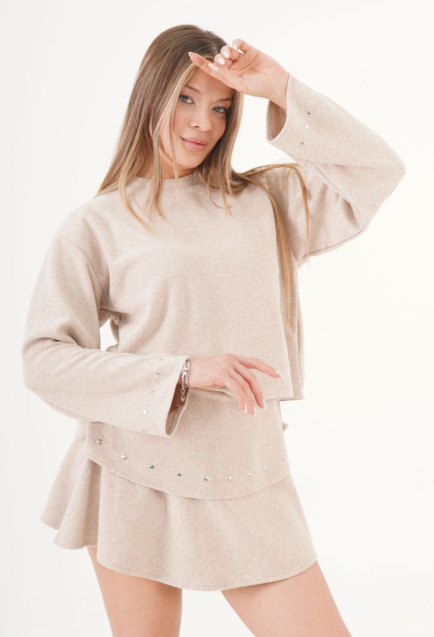 Beige Mini Flared Skirt With Mid Waist Pull On Closure - Brand: Lustrin - Women & Kids, Baby Clothes Wholesale - TheBS Women