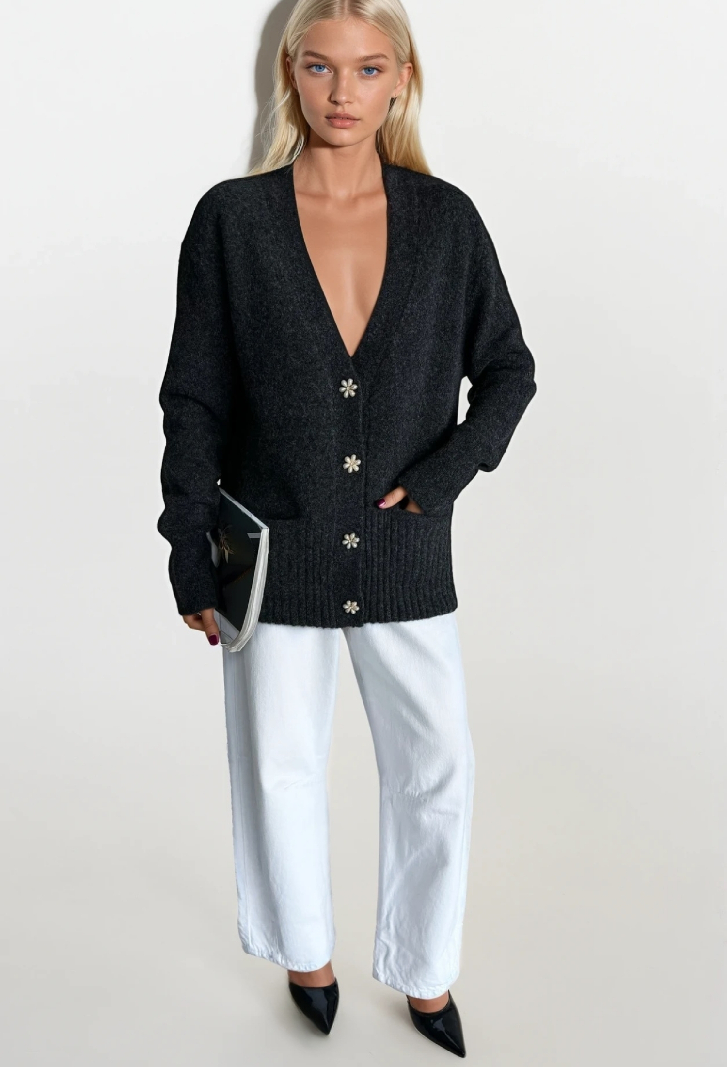 Black Cardigan Oversized Fit With V-Neck And Patch Pocket - Brand: Black Fashion - Women & Kids, Baby Clothes Wholesale - TheBS Women