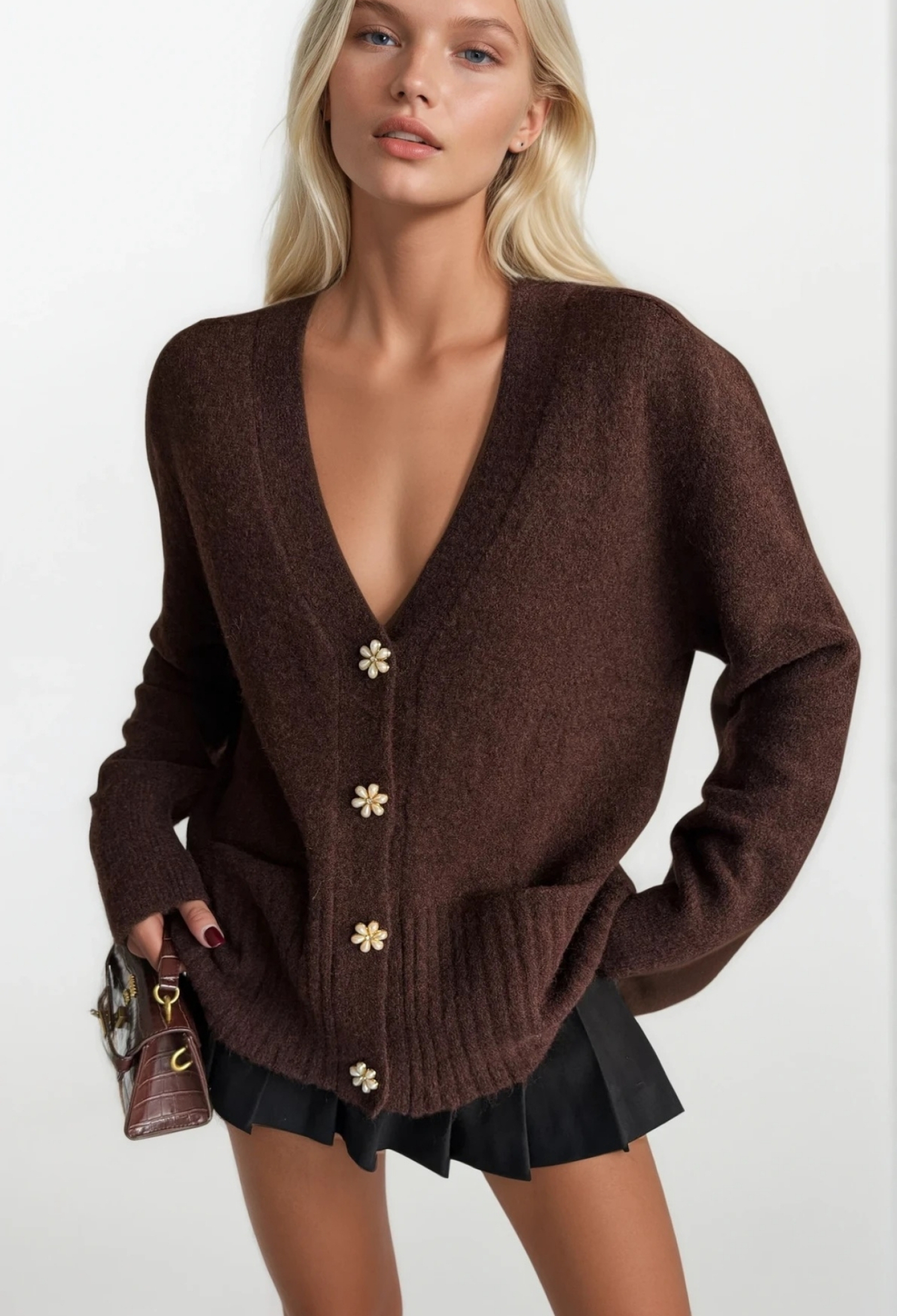 Oversized Fit V-Neck Cardigan With Patch Pockets - Brand: Black Fashion - Women & Kids, Baby Clothes Wholesale - TheBS Women