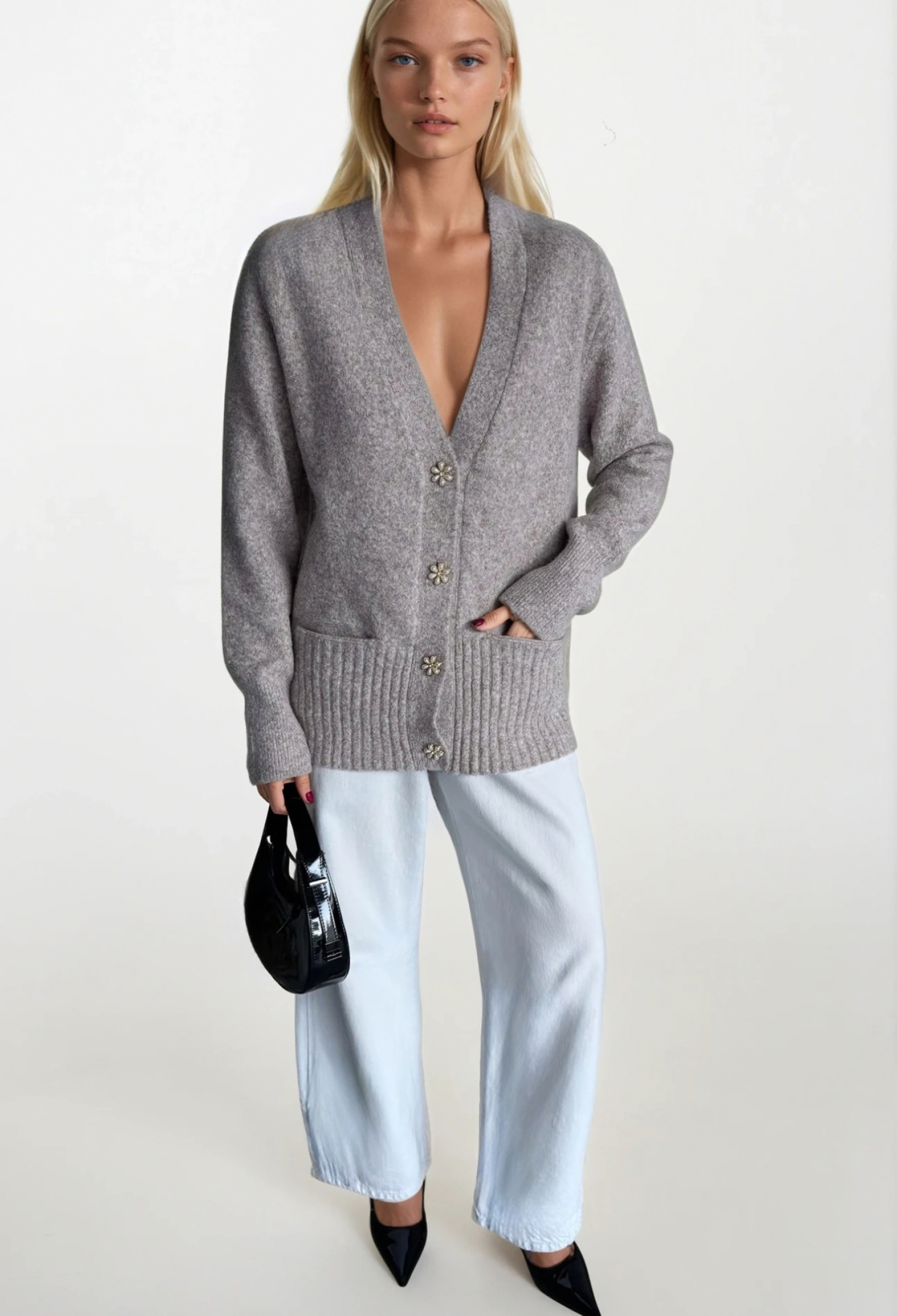 Cardigan With V-Neck And Patch Pockets - Brand: Black Fashion - Women & Kids, Baby Clothes Wholesale - TheBS Women