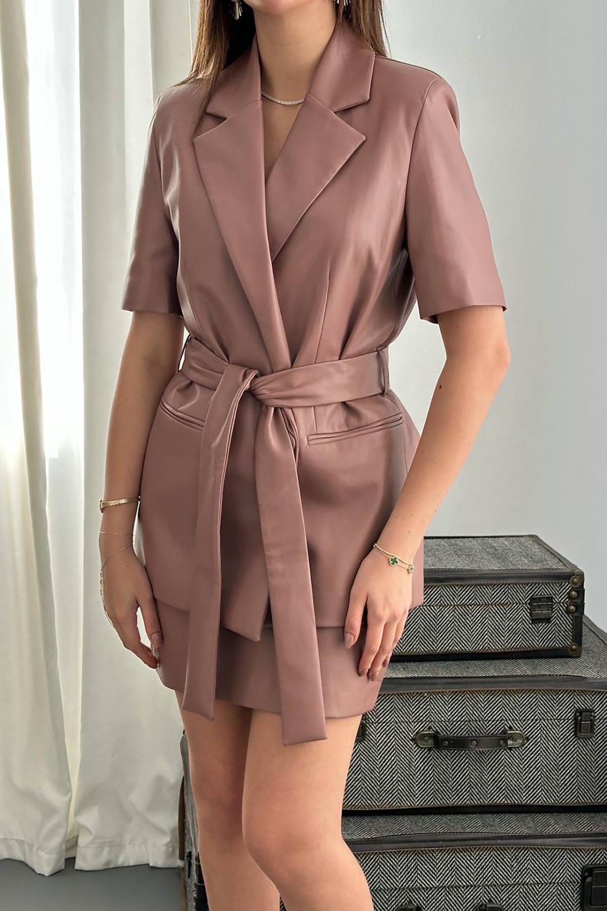 Leather Jacket And Skirt Set – Powder – Brand: Elisa – Women & Kids, Baby Clothes Wholesale – TheBS Women