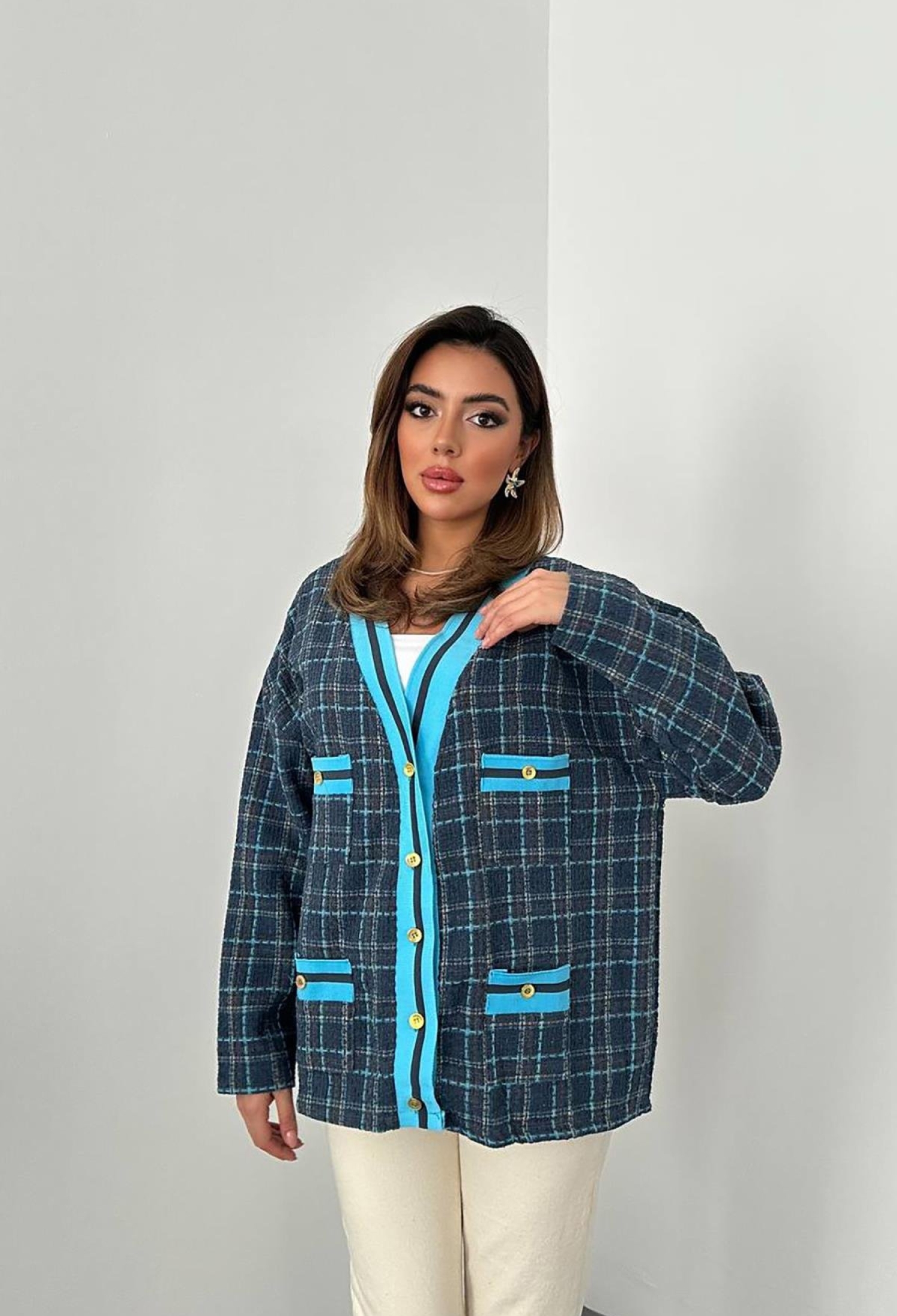 Front Ribbed Plaid Jacket - Green - Brand: Elisa - Women & Kids, Baby Clothes Wholesale - TheBS Women