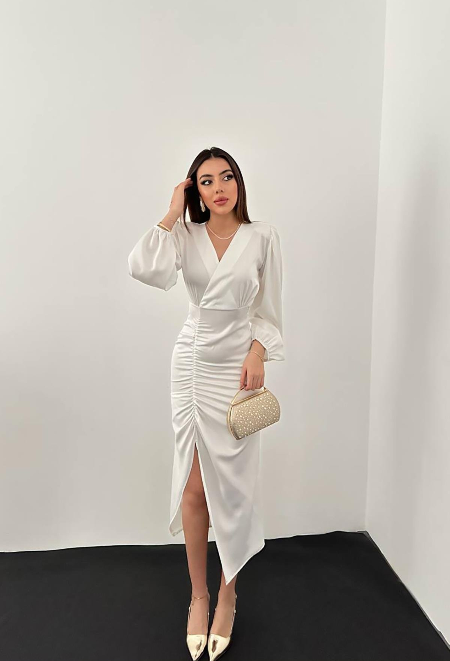 V-Neck Satin Dress - White - Brand: Elisa - Women & Kids, Baby Clothes Wholesale - TheBS Women