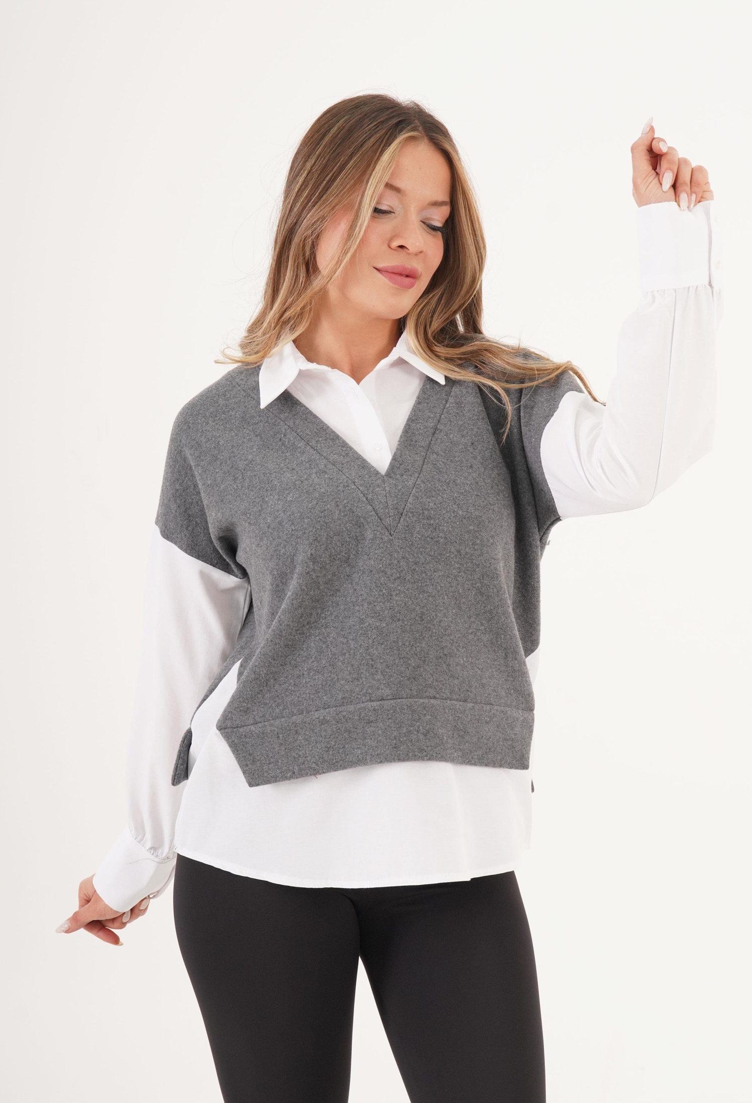 Grey Preppy Shirt With V-Neck And Buttoned Closure - Brand: Lustrin - Women & Kids, Baby Clothes Wholesale - TheBS Women