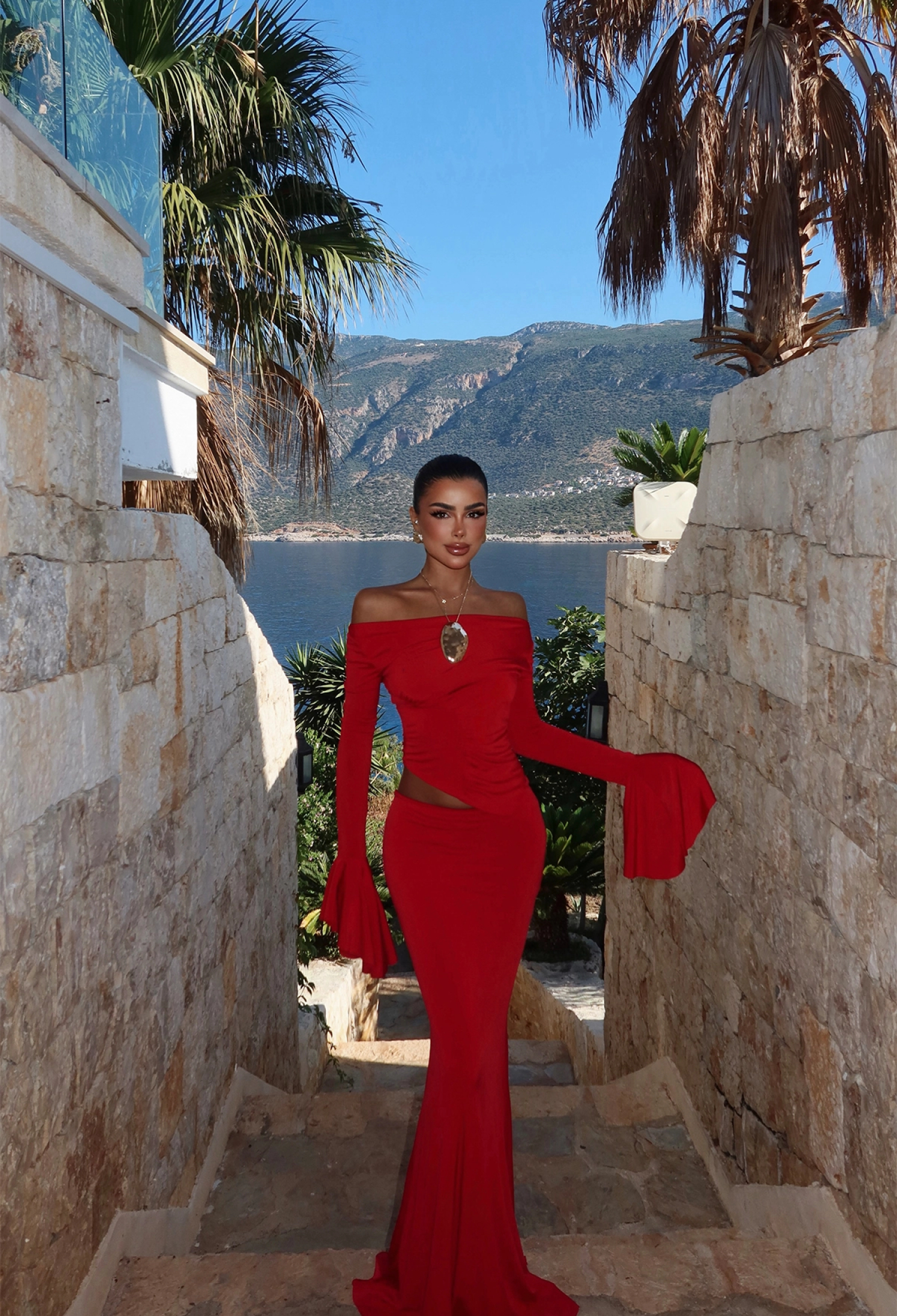 ClaretBodycon Floor Length Dress With Bell Sleeves - Brand: EYYO ATELIER - Women & Kids, Baby Clothes Wholesale - TheBS Women