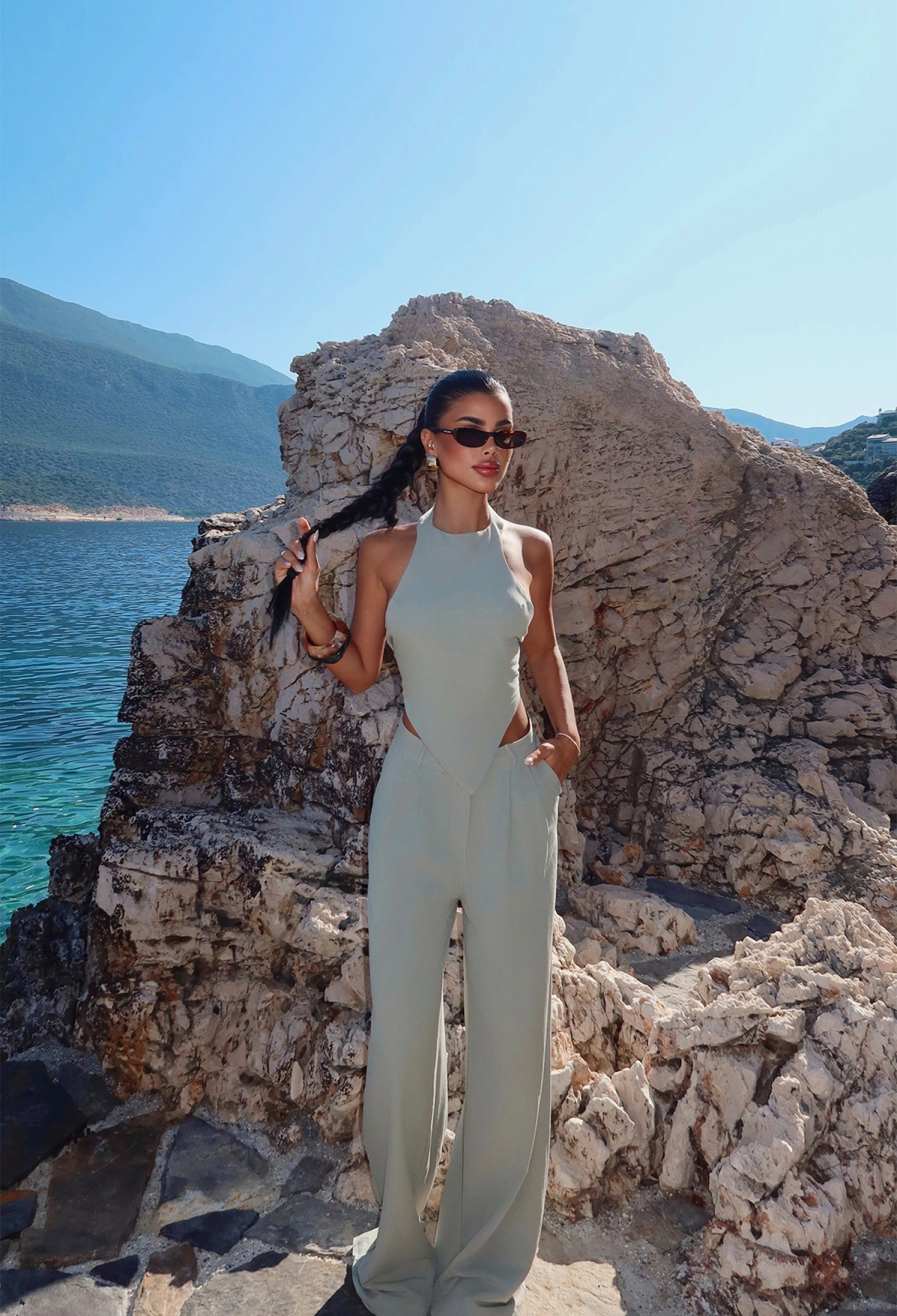 Khaki Sleeveless Halter Neck Palazzo Suit - Brand: EYYO ATELIER - Women & Kids, Baby Clothes Wholesale - TheBS Women