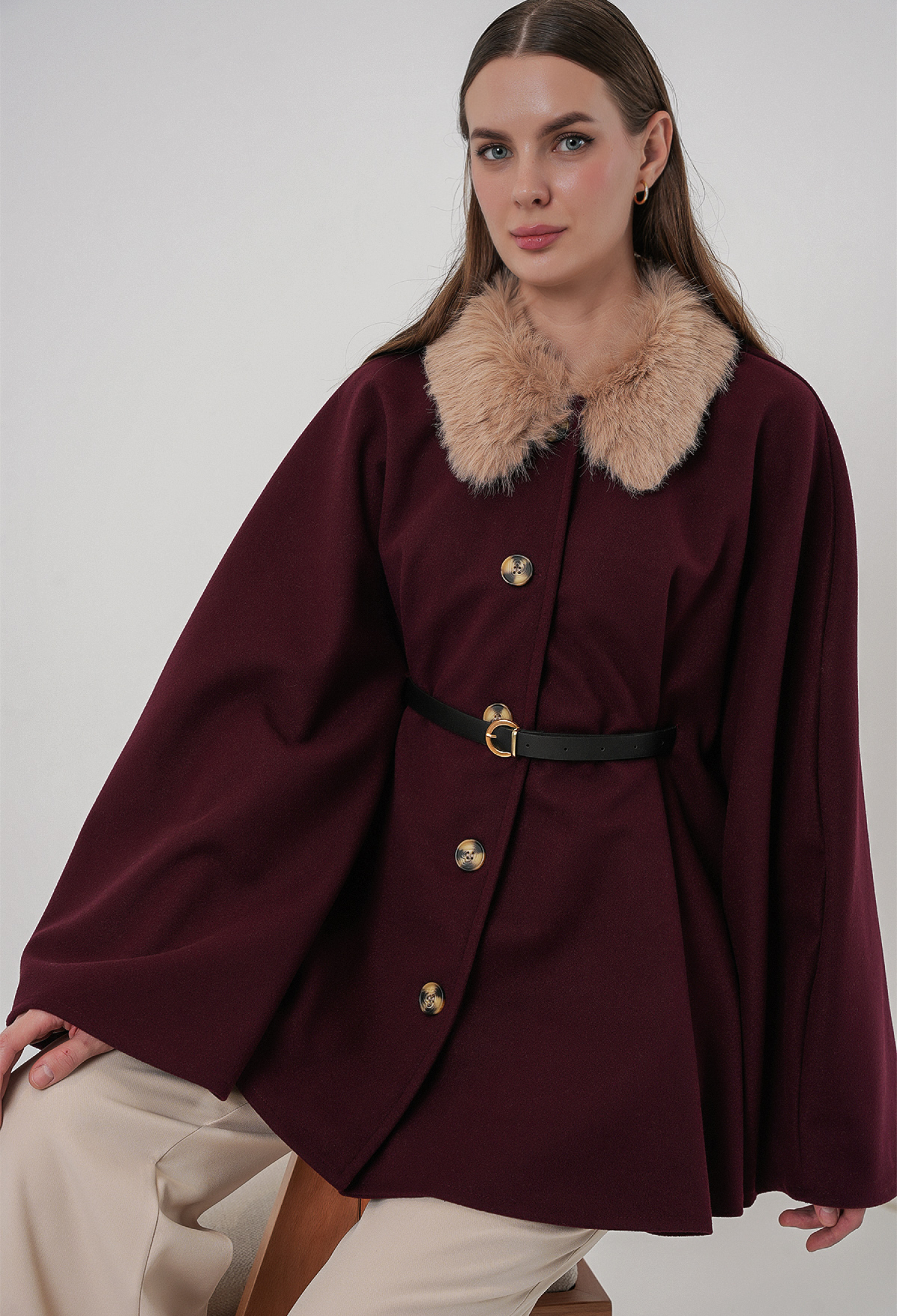 Cashmere Poncho With Belt 9165 - Burgundy - Brand: Bigdart - Women & Kids, Baby Clothes Wholesale - TheBS Women