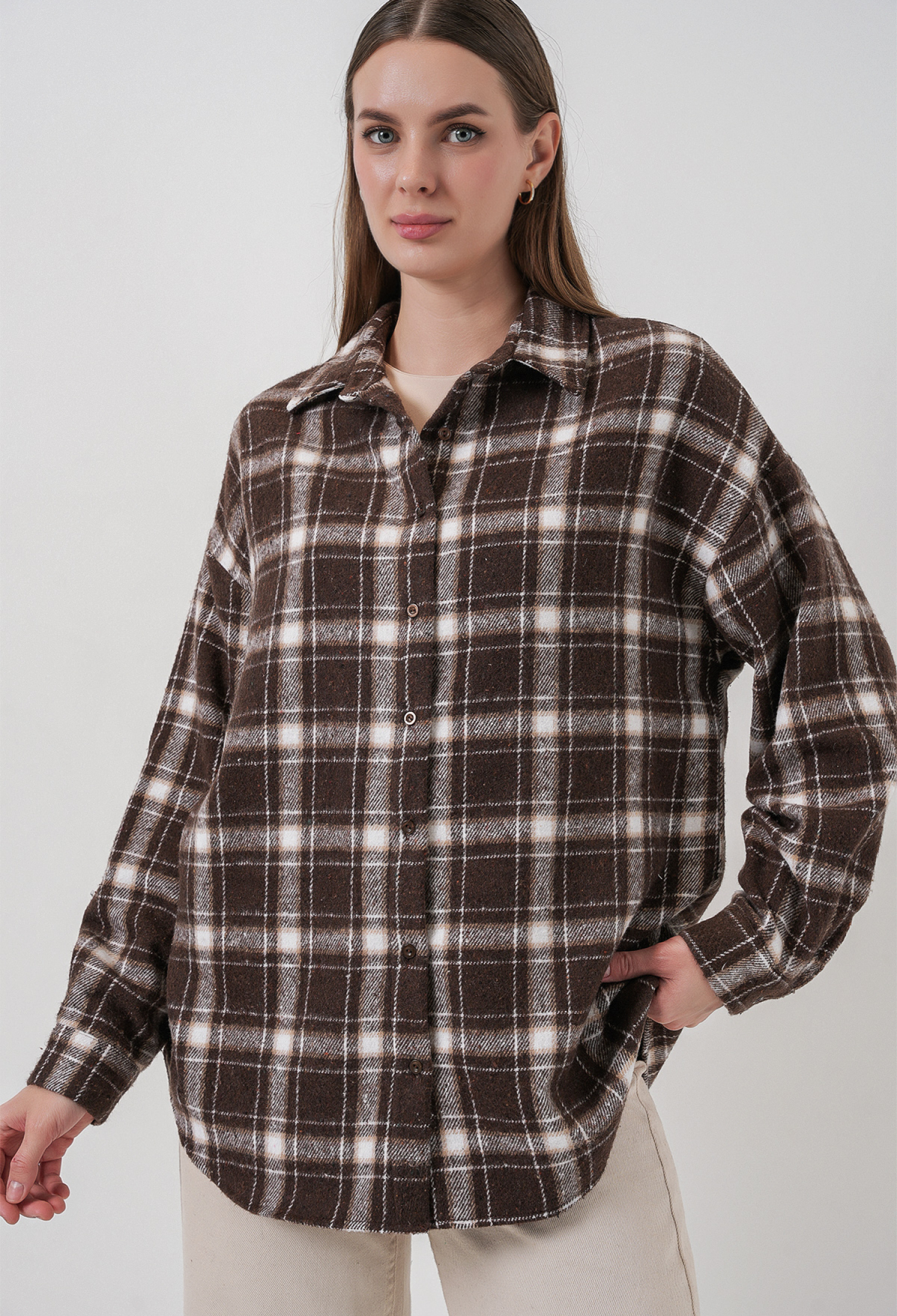Plaid Pattern Oversize Lumberjack Shirt 3854 C. Brown - Brand: Bigdart - Women & Kids, Baby Clothes Wholesale - TheBS Women