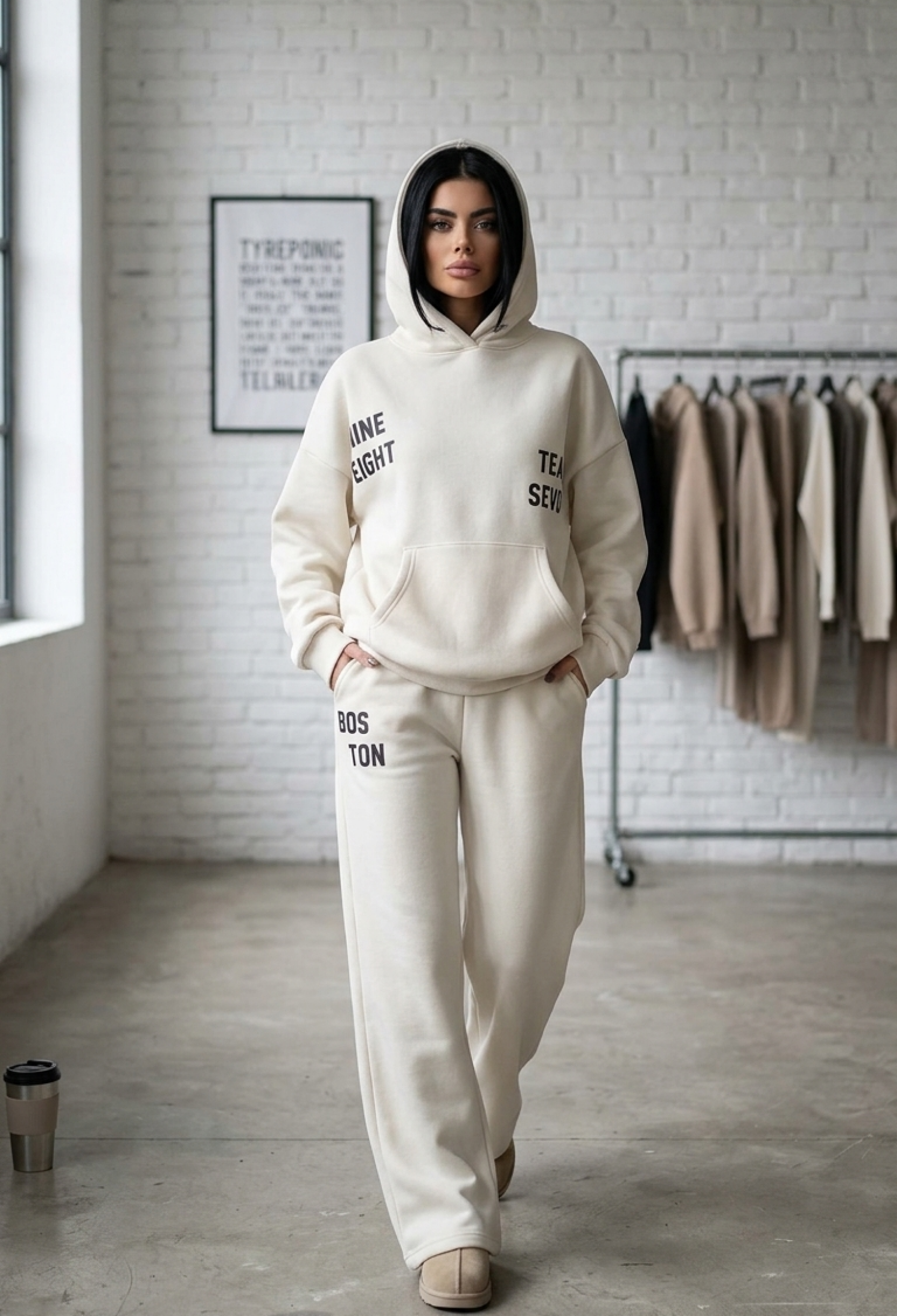 Beige Oversized Fit Tracksuit With Kangaroo Pocket