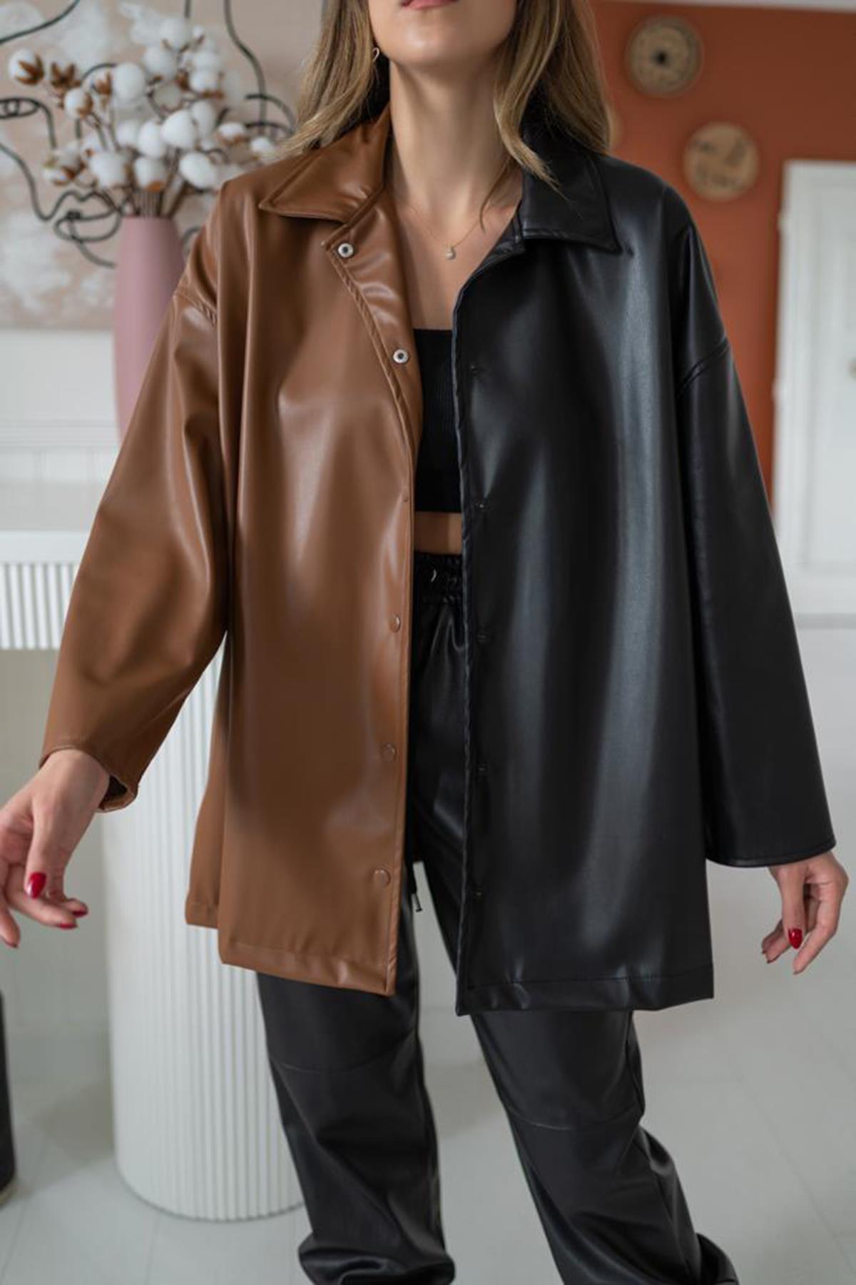 Garnished Snap Fastener Leather Shirt – Black – Brand: Elisa – Women & Kids, Baby Clothes Wholesale – TheBS Women