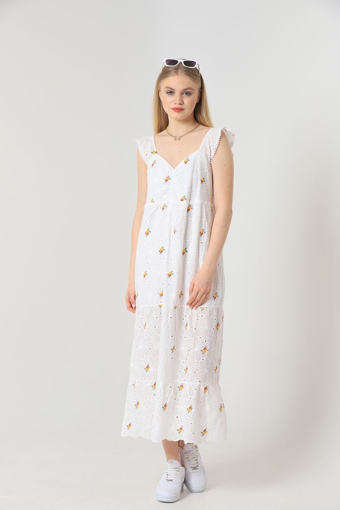 Yellow Floral V-Neck Gathered Dress – White – Brand: Topshow – Women & Kids, Baby Clothes Wholesale – TheBS Women