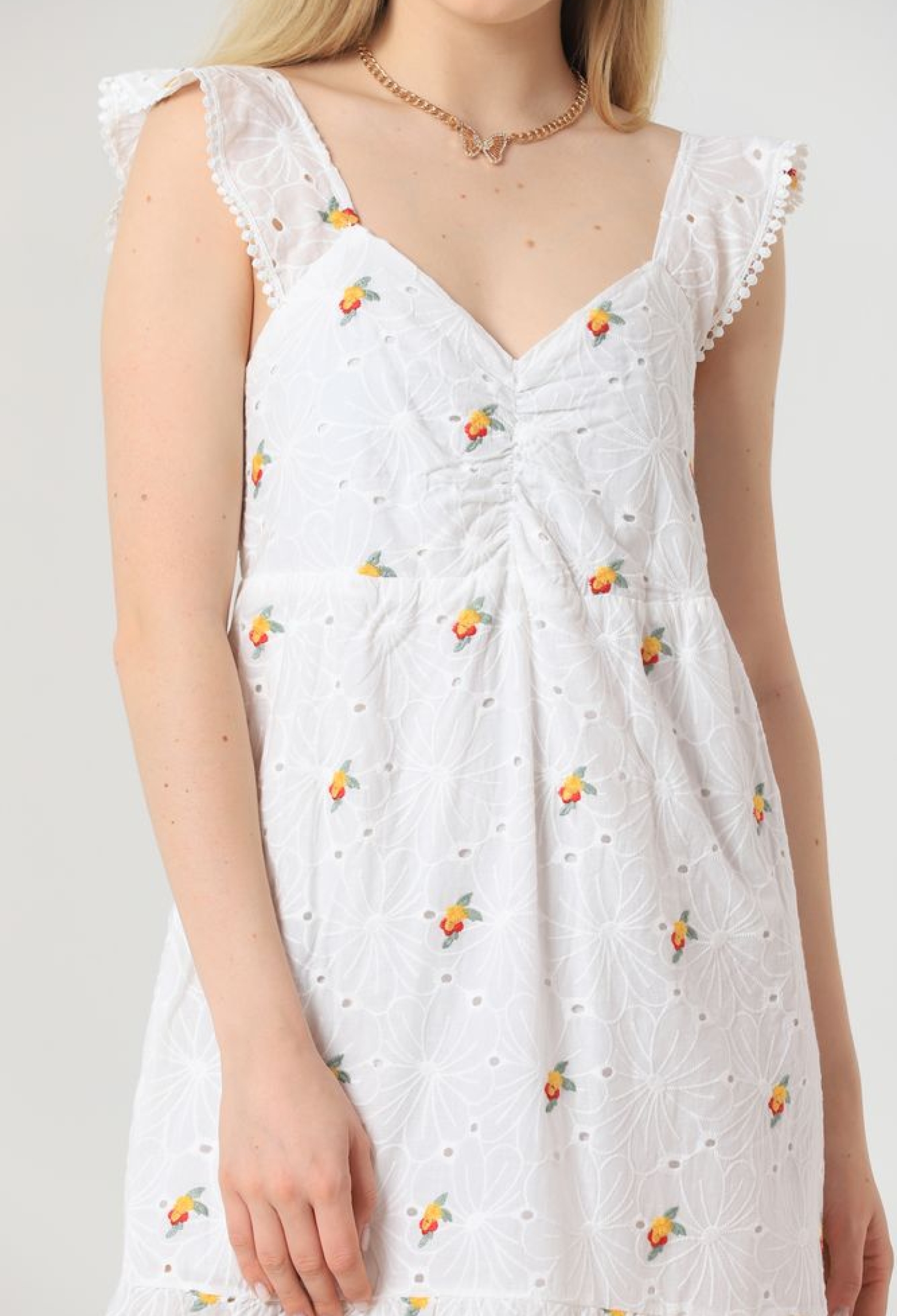 Yellow Floral V-Neck Gathered Dress - White - Brand: Topshow - Women & Kids, Baby Clothes Wholesale - TheBS Women