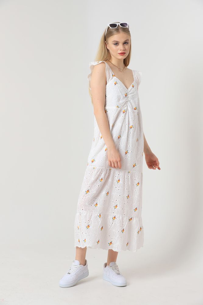 Yellow Floral V-Neck Gathered Dress – White – Brand: Topshow – Women & Kids, Baby Clothes Wholesale – TheBS Women