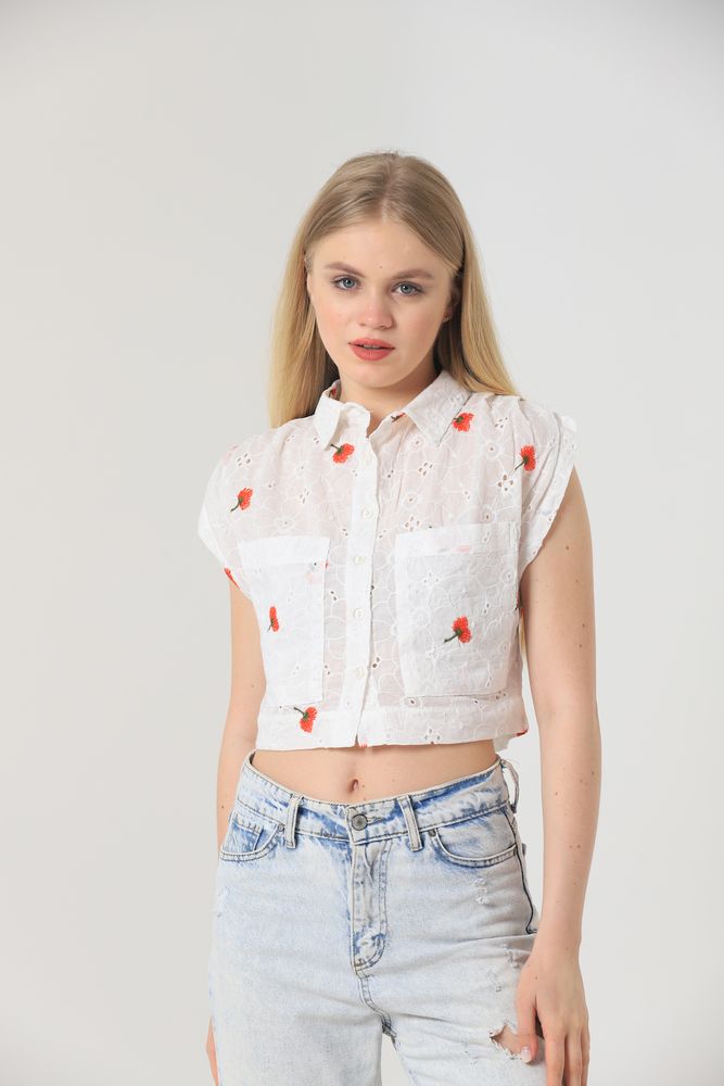 Embroidered Belly Shirt - White & Red - Brand: Topshow - Women & Kids, Baby Clothes Wholesale - TheBS Women