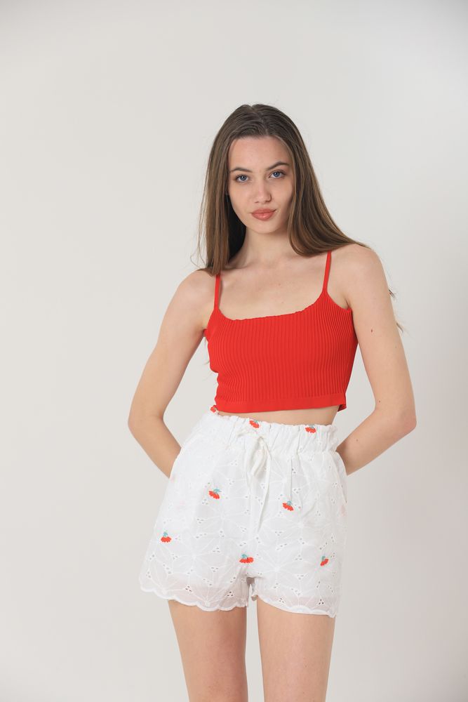 Floral Embroidered Pocket Shorts - White & Red - Brand: Topshow - Women & Kids, Baby Clothes Wholesale - TheBS Women