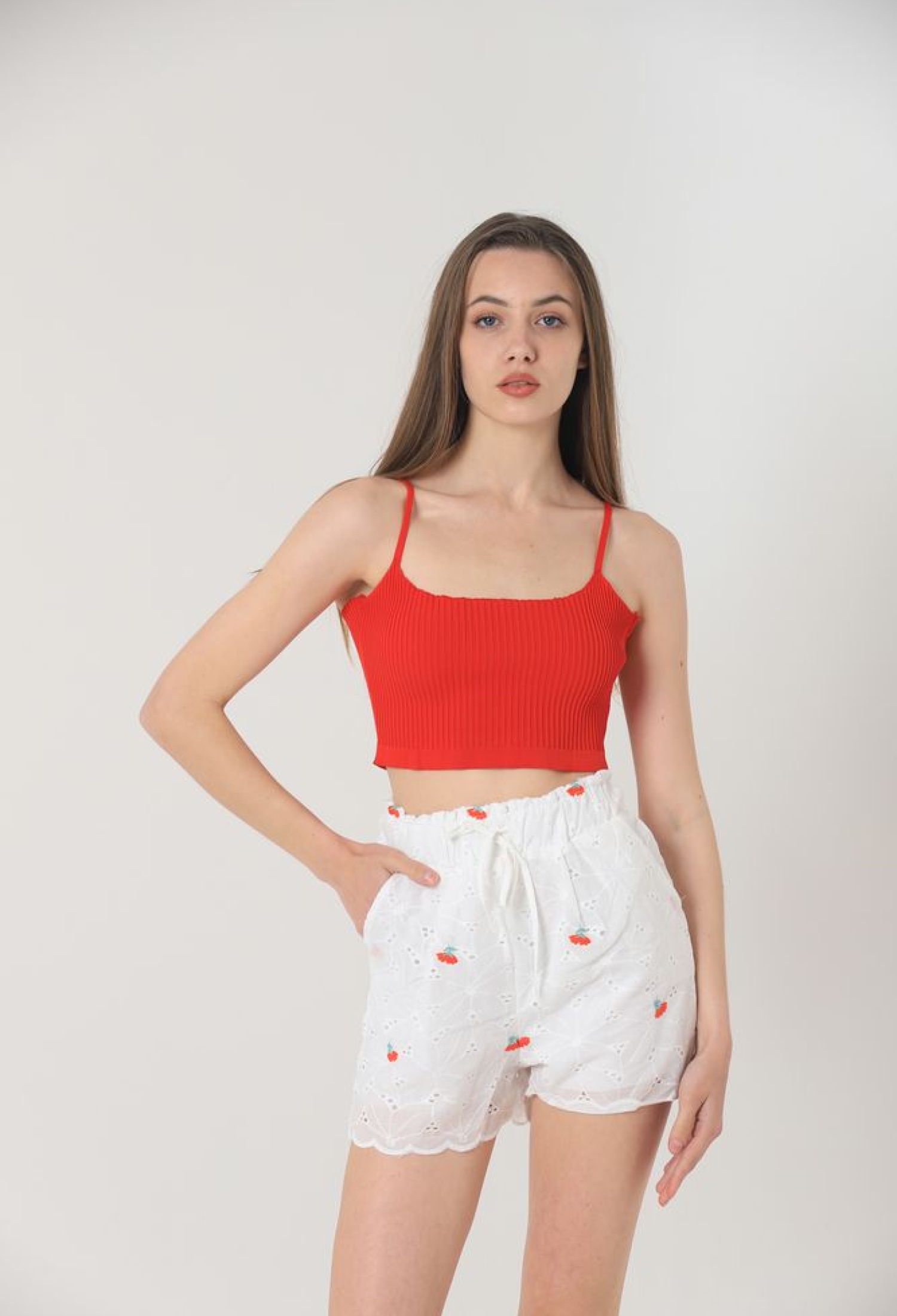 Floral Embroidered Pocket Shorts - White & Red - Brand: Topshow - Women & Kids, Baby Clothes Wholesale - TheBS Women