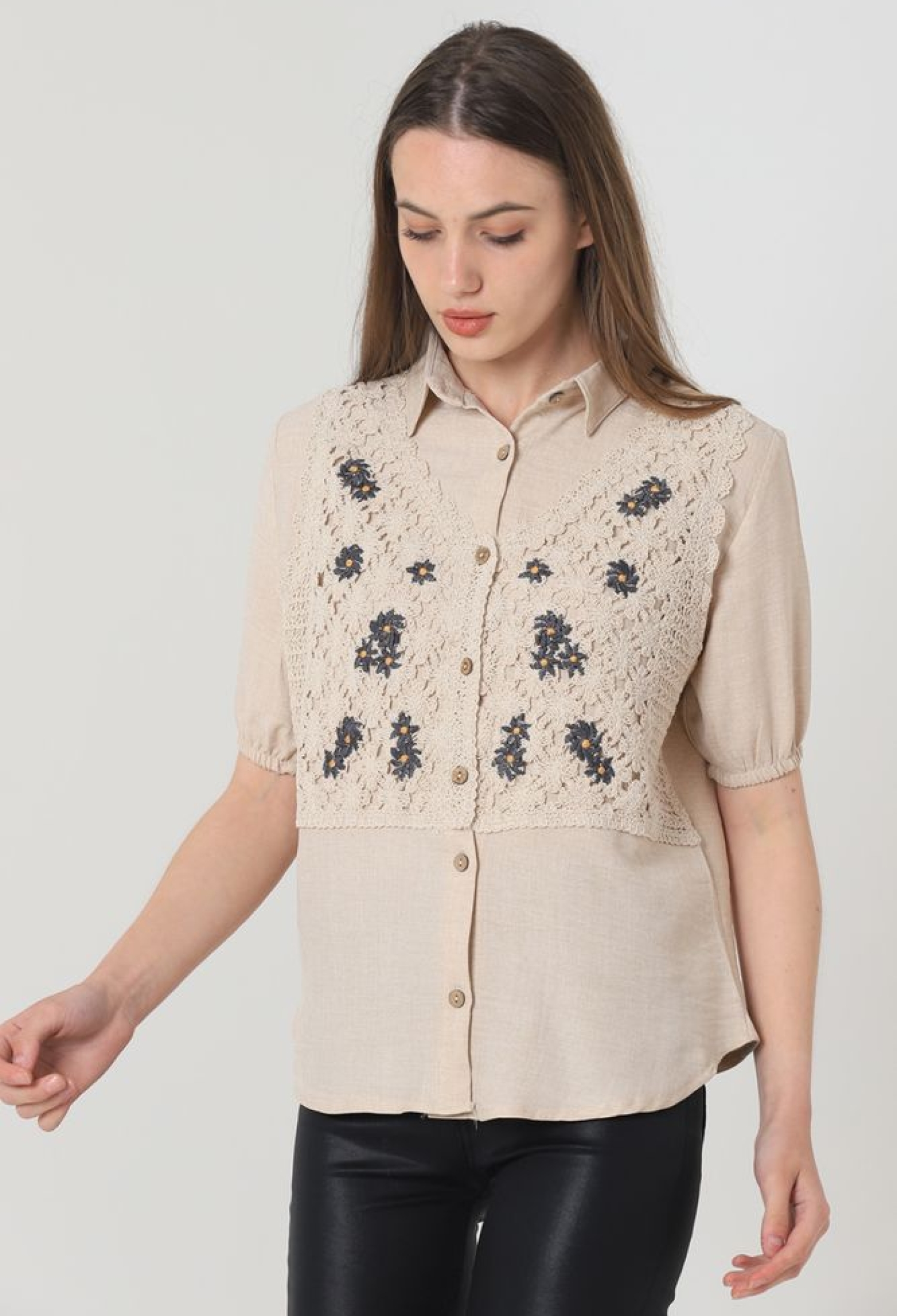 Half Sleeve Lace Detailed Shirt - Stone - Brand: Topshow - Women & Kids, Baby Clothes Wholesale - TheBS Women